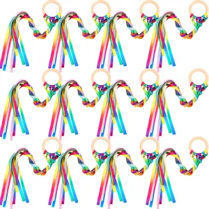 Dancing Birthday (Gradient Color) 12 Pcs Rainbow alike shift Ribbon Wooden Waldorf Toys Creative Waldorf Hand Kite Set Streamers with Wood Ring Sensory Learning Educational Toy for Playroom 