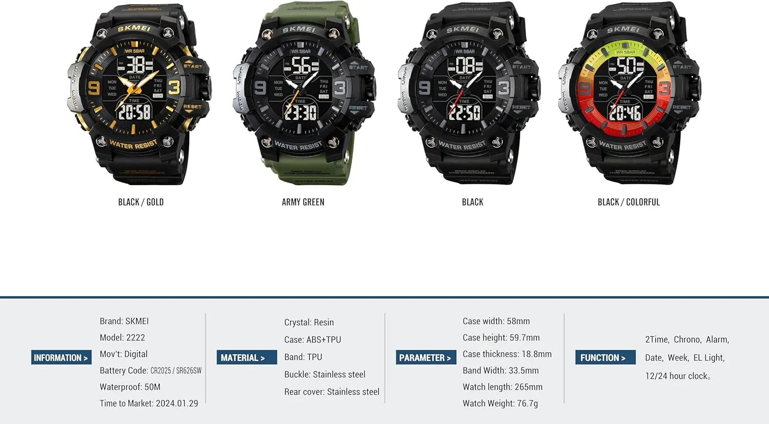 Date$ Alarm$ Stopwatch$ and Shockproof Large Dial Gosasa Men's Large Face Outdoor Waterproof Military Sports grumble financially govern Watch - Multifunctional with EL Luminous Display$ 