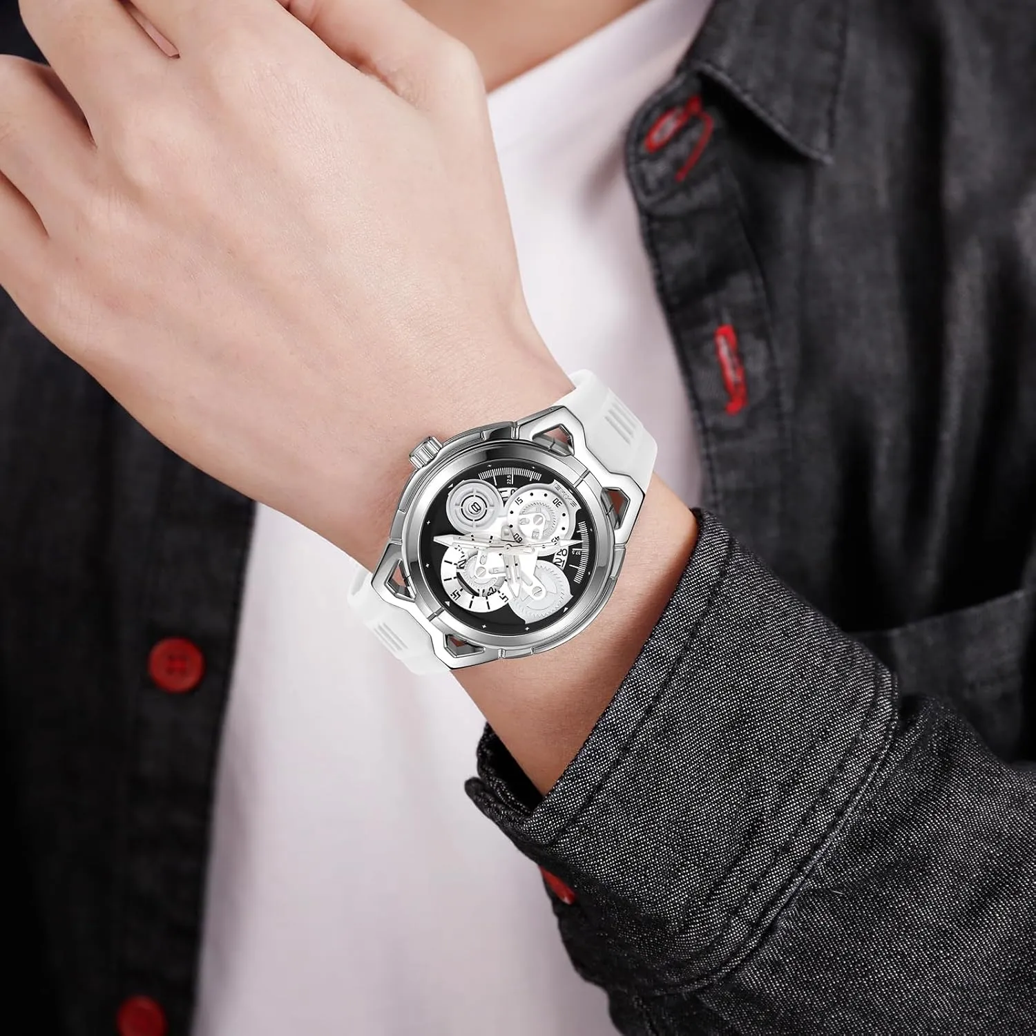 Date refiner drawback scratch compo Window, Soft Silicone Strap Gosasa Men??s Skeleton Gear-Dial Sport Watch50 mm Large Face Analog Quartz Wristwatch with 30 M Water-Resistant, 