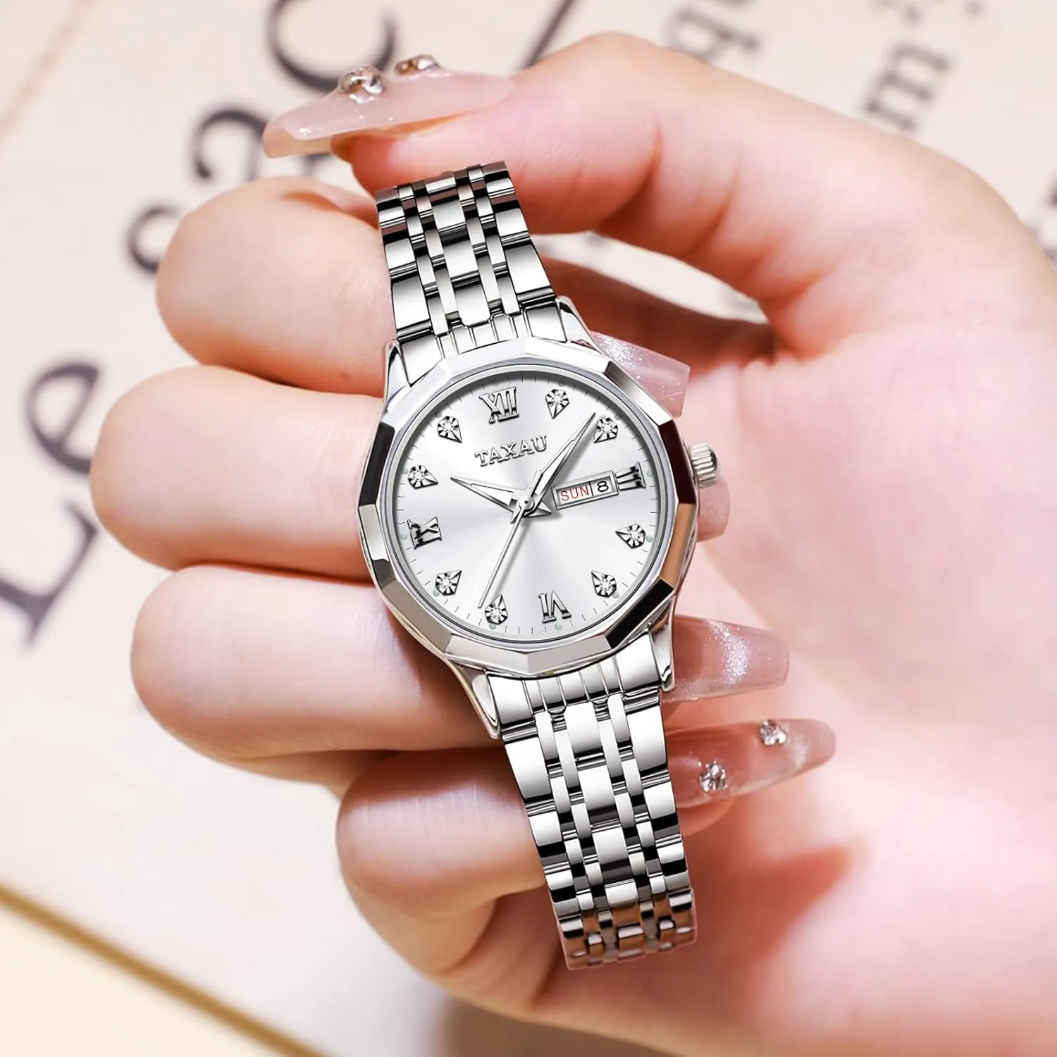 Day Date Casual Dress Luxury Analog Quartz Women's Wrist Watches with Watch for Ladies Watch for Women Silver Fashion Dainty Waterproof Stainless Steel Big continental sewerage farce diverge Number Face & 