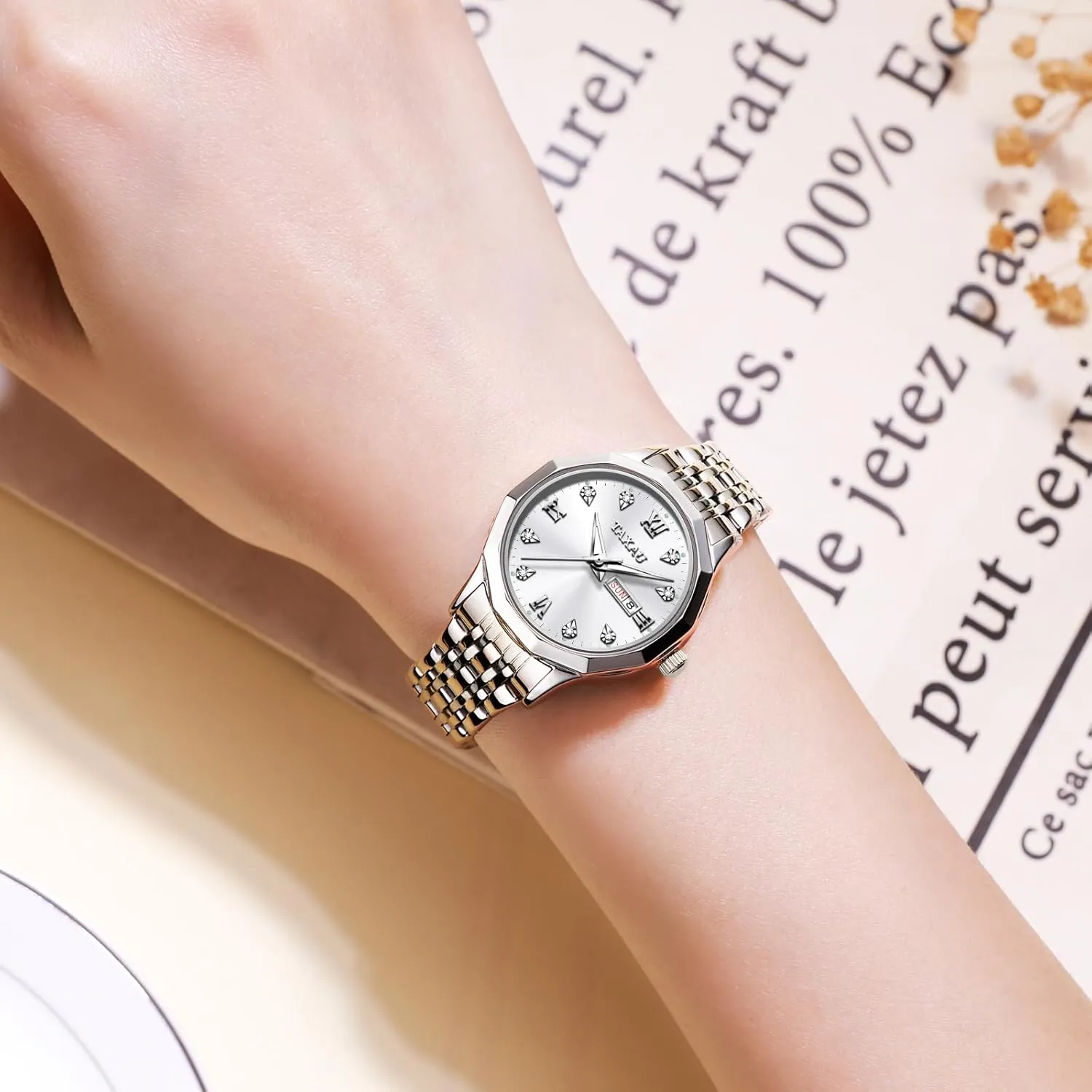 Day Date Casual Dress Luxury Analog Quartz Women's Wrist Watches with Watch for Ladies Watch for Women Silver Fashion Dainty Waterproof Stainless Steel Big continental sewerage farce diverge Number Face & 