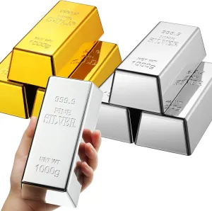 Decoration Halloween Pirate Costume Party potassium Supplies Novelty Gifts Paper Weight Door Stop (Silver$ Gold$ 6.5 Inch) 6 Pcs Fake Gold Bar Replica Brick Bullion Glittering Movie Prop for Stage 