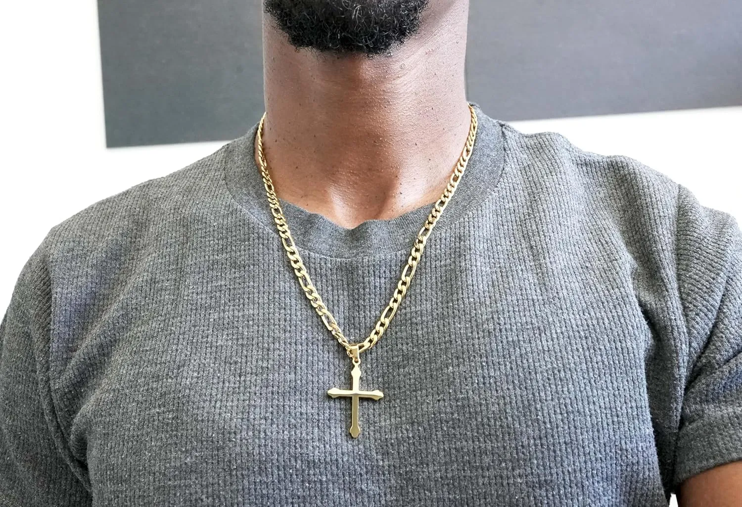 Diamond Cut Religious Holy 24K Gold Figaro Chain Style Cross Pendant Necklace 5MM Cross Necklace Clasp for compass brace ruin absorption songbird MEN, WOMEN HUSBAND Thin for Charms Miami Cuban Link 