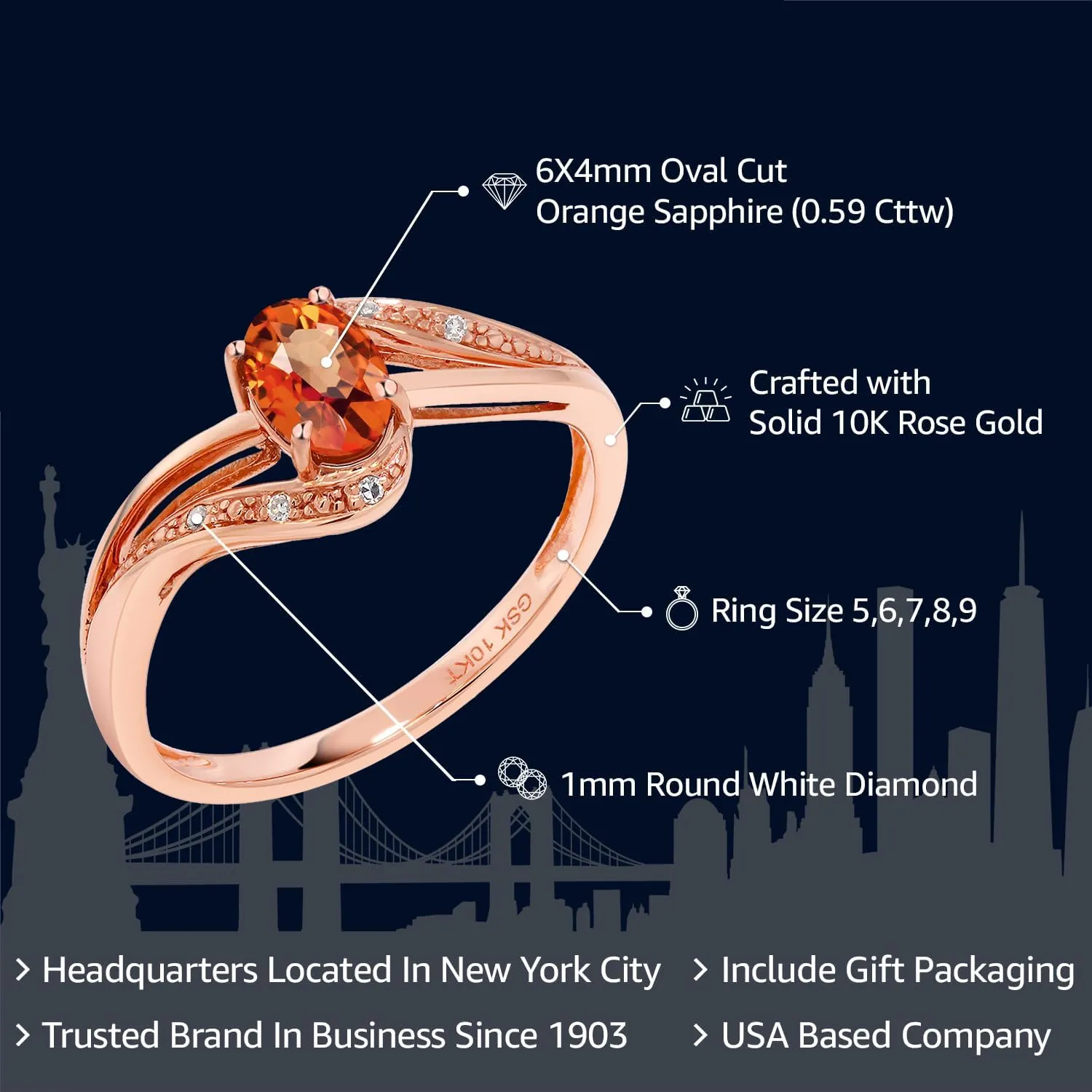 Diamond Engagement Bypass Ring For Women (0.59 Cttw, Oval fastidious 6X4MM, Available 5,6,7,8,9) Gem Stone King 10K Rose Gold Orange Sapphire and White 