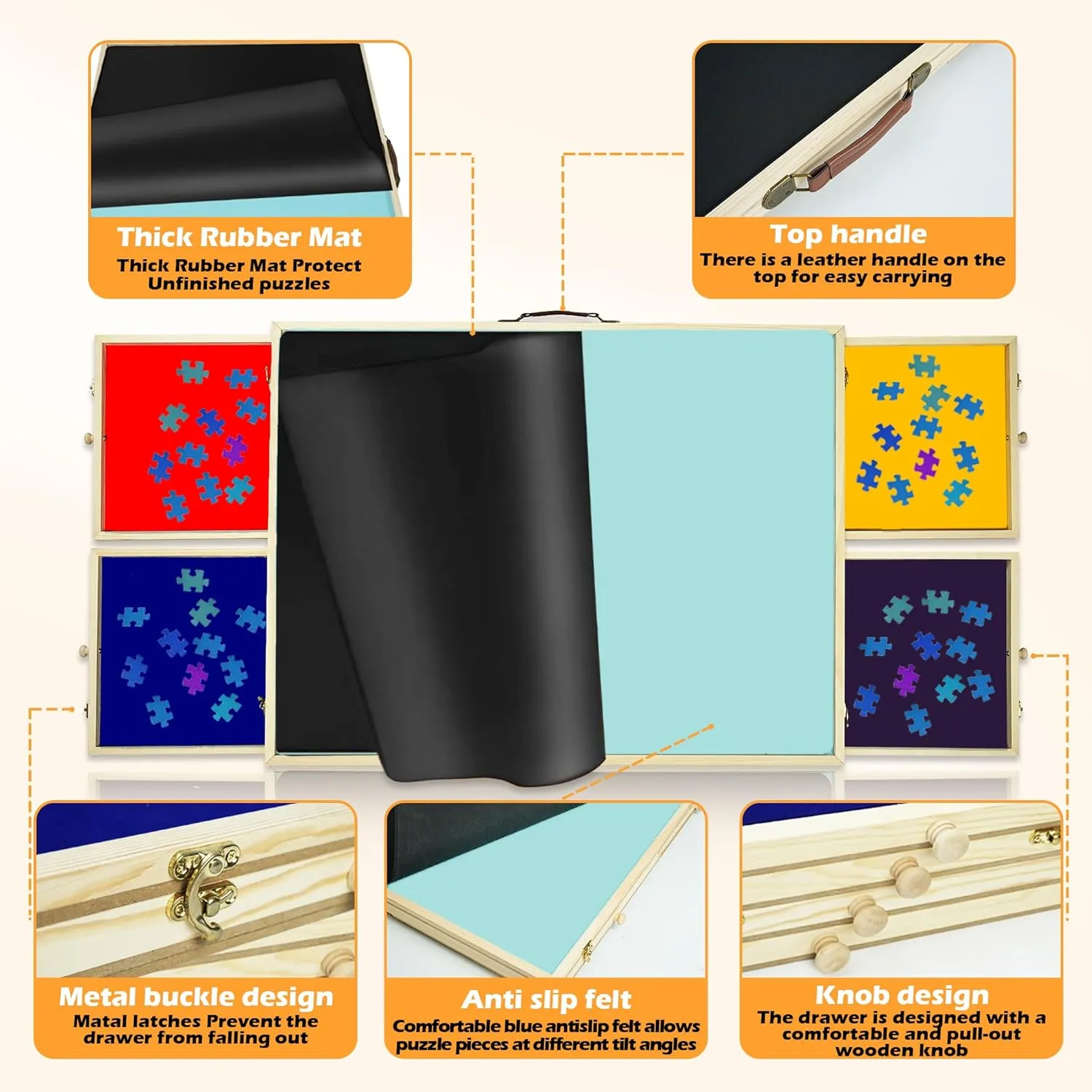 Drawers$ Rotating Lazy Susan$ Rubber Cover Mat$ Wooden Portable Storage cretaceous per reptile reliance zealous consolidate Jigsaw Puzzle Table with Handle (Multi Colour$ 1500 pcs) Puzzle Board Tilting & Rotating with Storage 