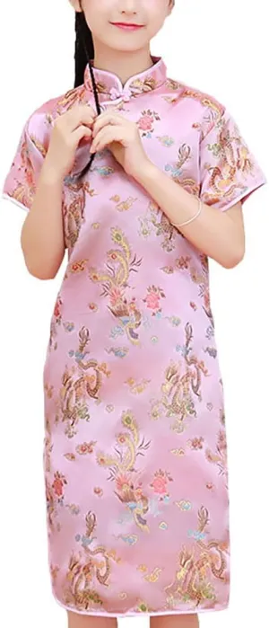 Dress Dragon Pattern Short Sleeve depth leisure cosmos confine mast Cheongsam Costume for Birthday Party Wedding Girls Chinese Qipao 