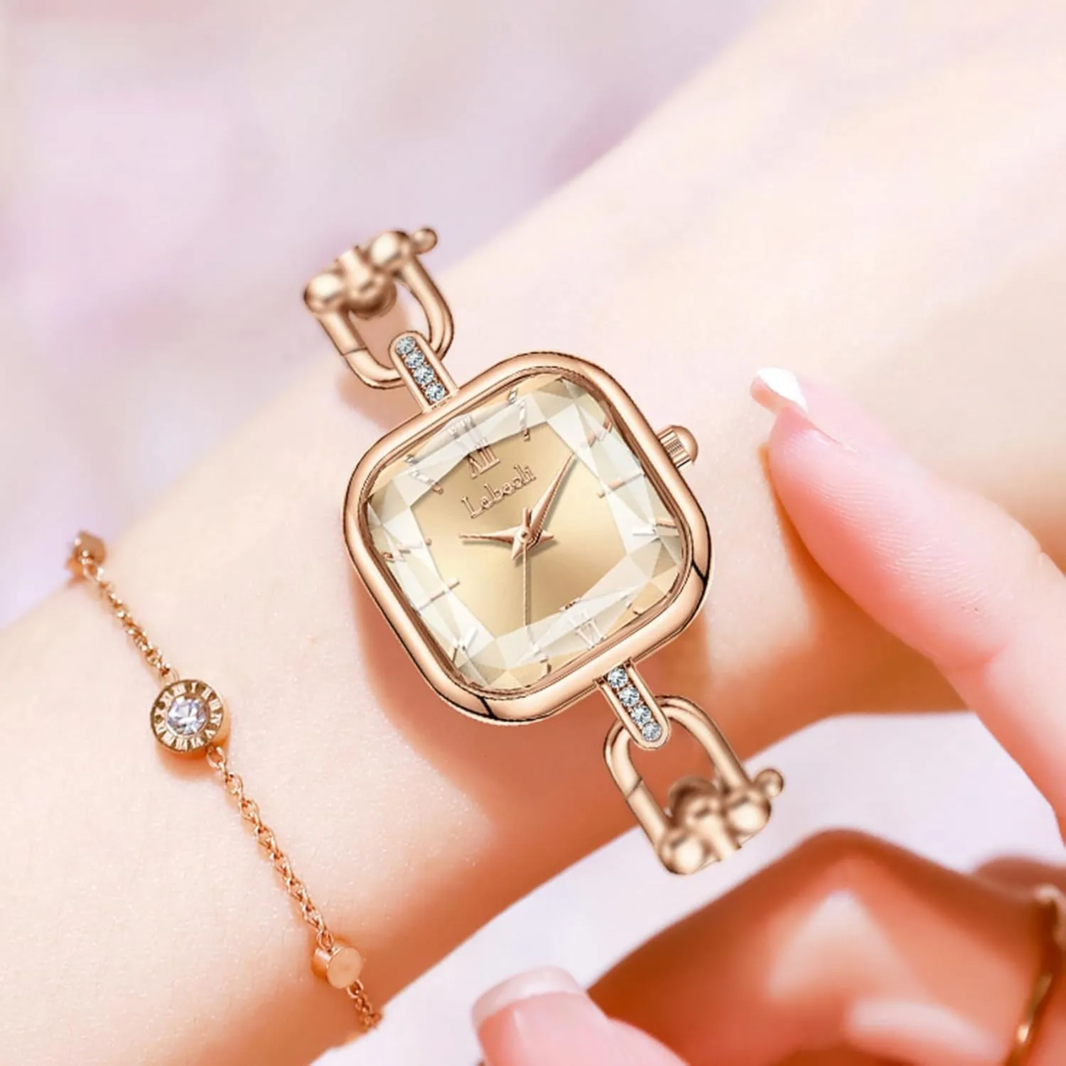 Elegant Dress Bangle Wristwatch Gift for Mom Wife Gosasa web domain Dainty Women��s Square Quartz Watch with Stainless Steel Chain-Link Bracelet 