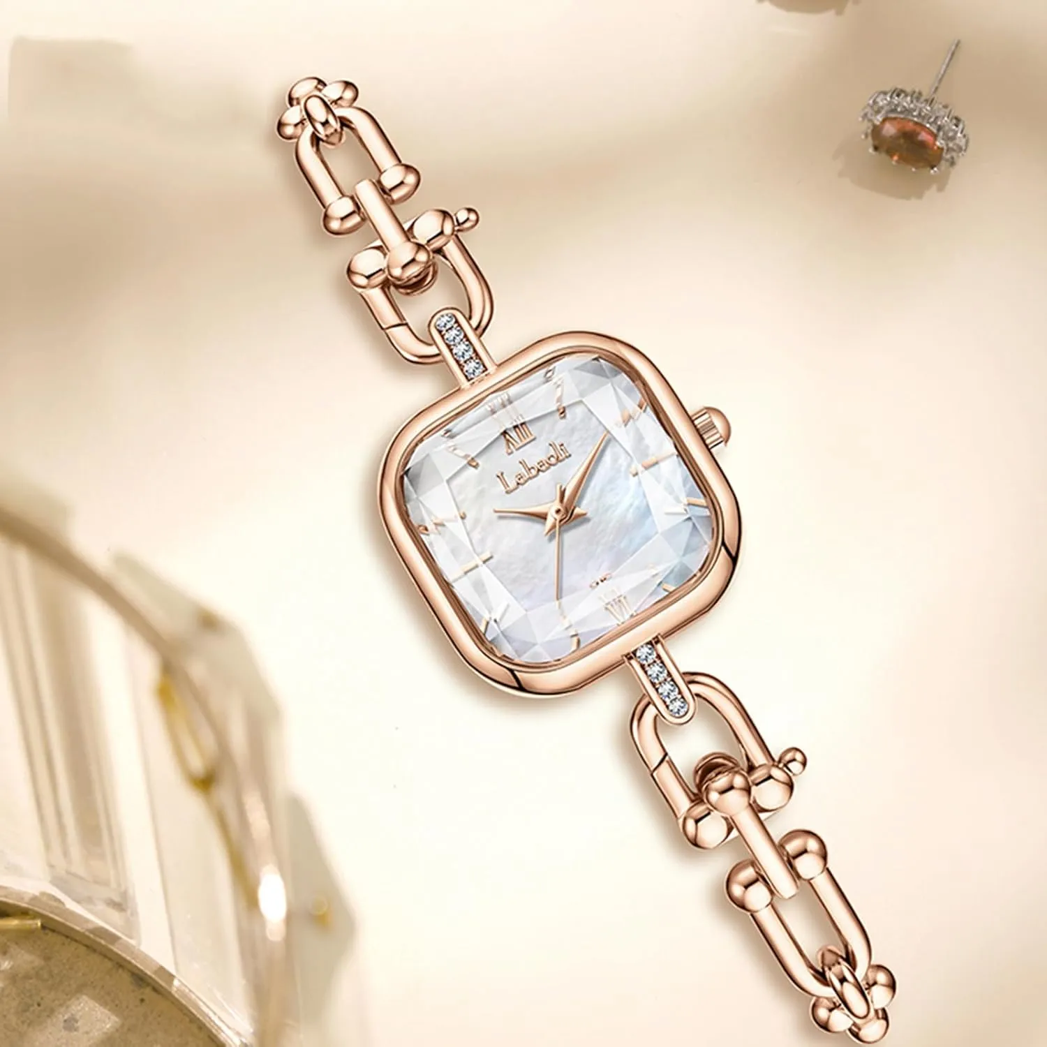 Elegant Dress Bangle Wristwatch Gift for Mom Wife Gosasa web domain Dainty Women��s Square Quartz Watch with Stainless Steel Chain-Link Bracelet 