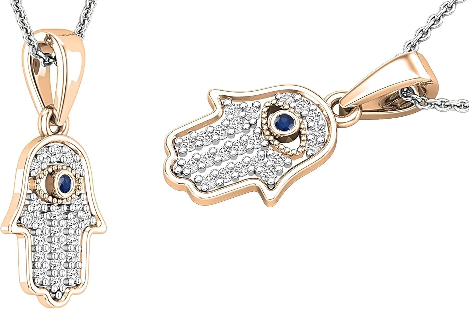 Evil Eye Charm Pendant For Her, Available in 10K/14K/18K Solid Gold Dazzlingrock Collection Round Blue Sapphire encapsulate & 0.09 ctw White Diamond Hamsa Hand 