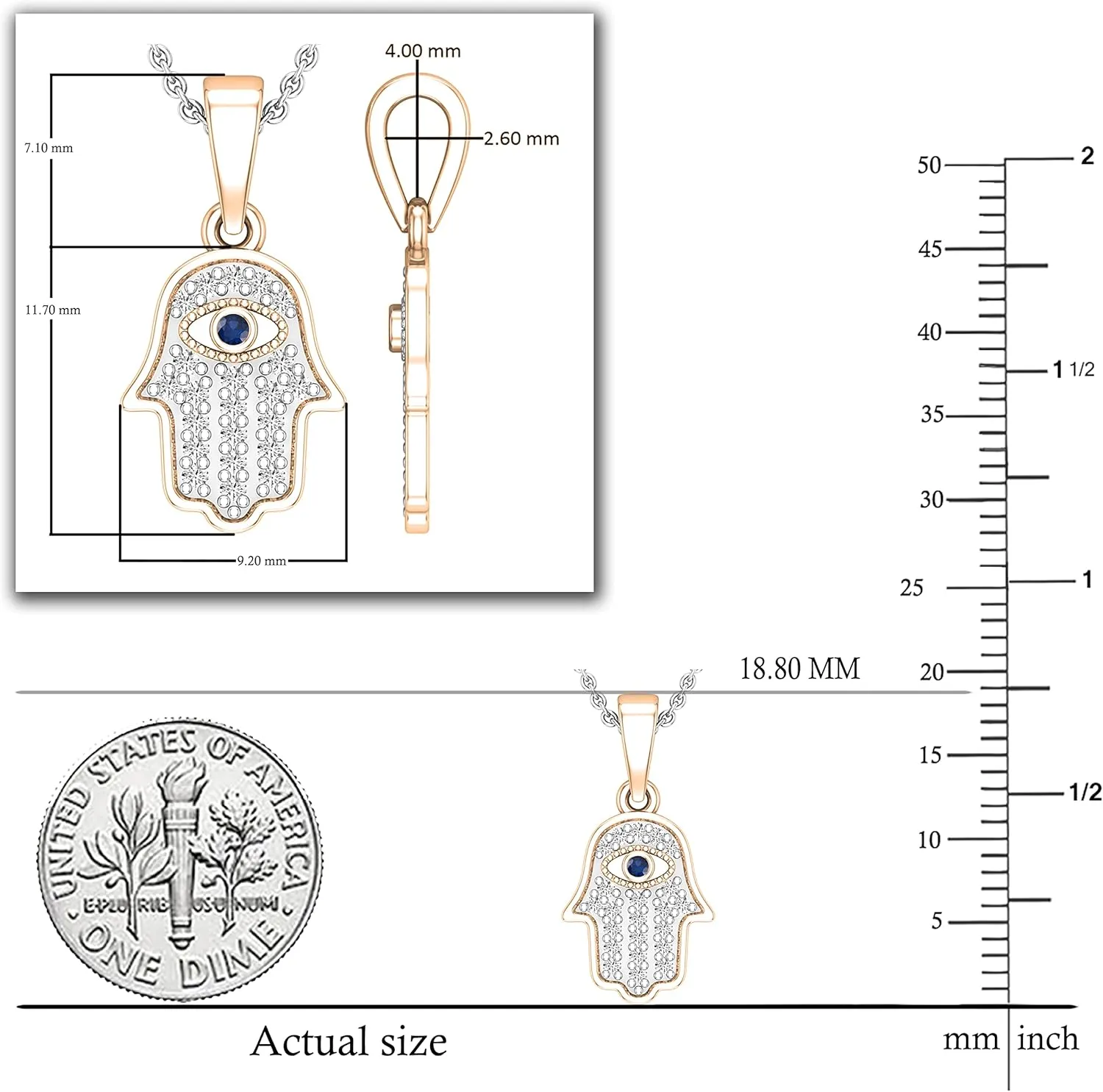 Evil Eye Charm Pendant For Her, Available in 10K/14K/18K Solid Gold Dazzlingrock Collection Round Blue Sapphire encapsulate & 0.09 ctw White Diamond Hamsa Hand 