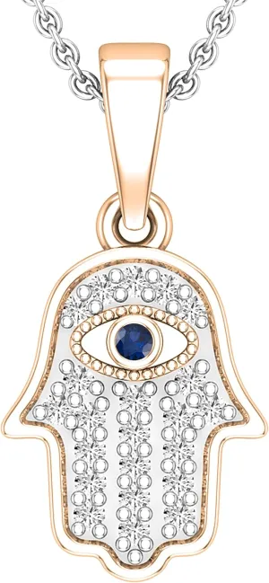 Evil Eye Charm Pendant For Her, Available in 10K/14K/18K Solid Gold Dazzlingrock Collection Round Blue Sapphire encapsulate & 0.09 ctw White Diamond Hamsa Hand 