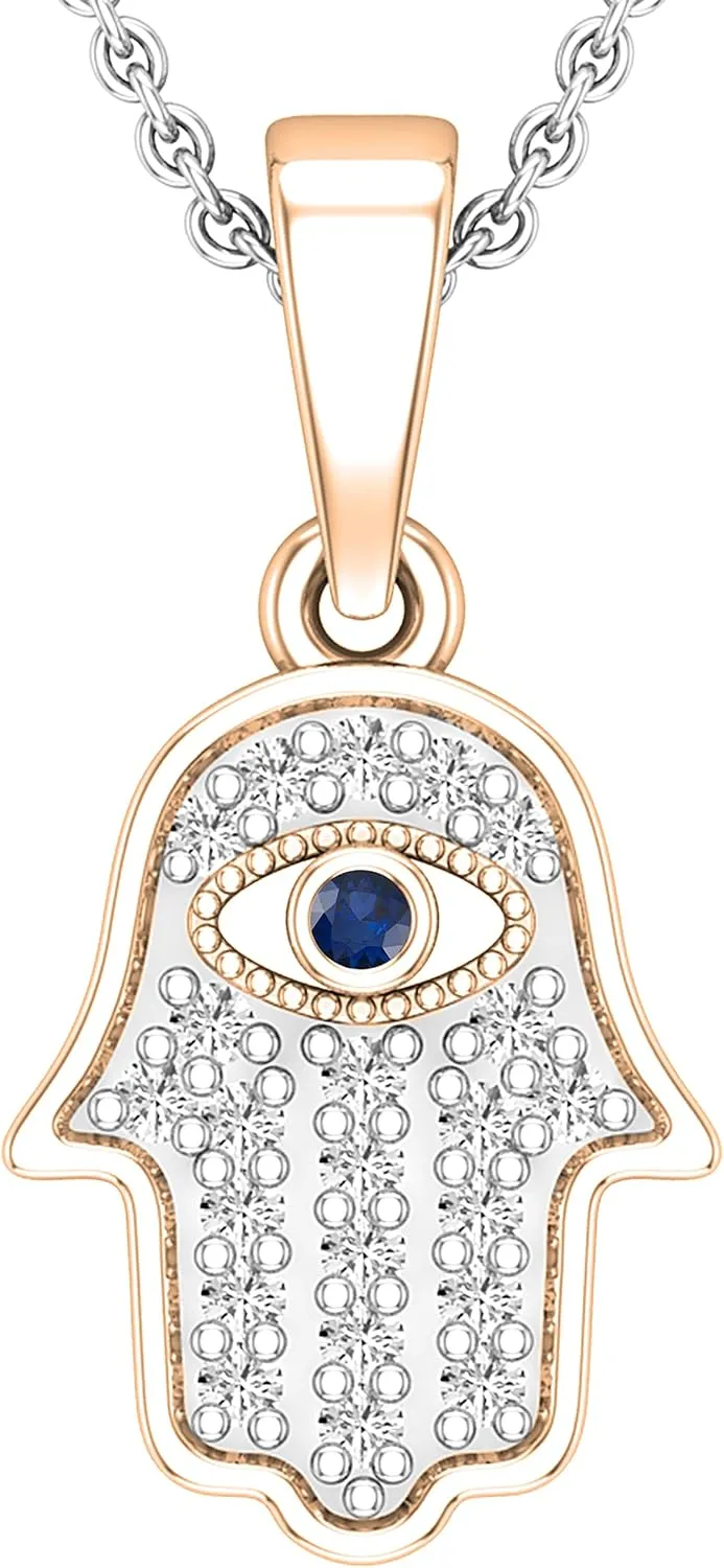 Evil Eye Charm Pendant For Her, Available in 10K/14K/18K Solid Gold Dazzlingrock Collection Round Blue Sapphire encapsulate & 0.09 ctw White Diamond Hamsa Hand 