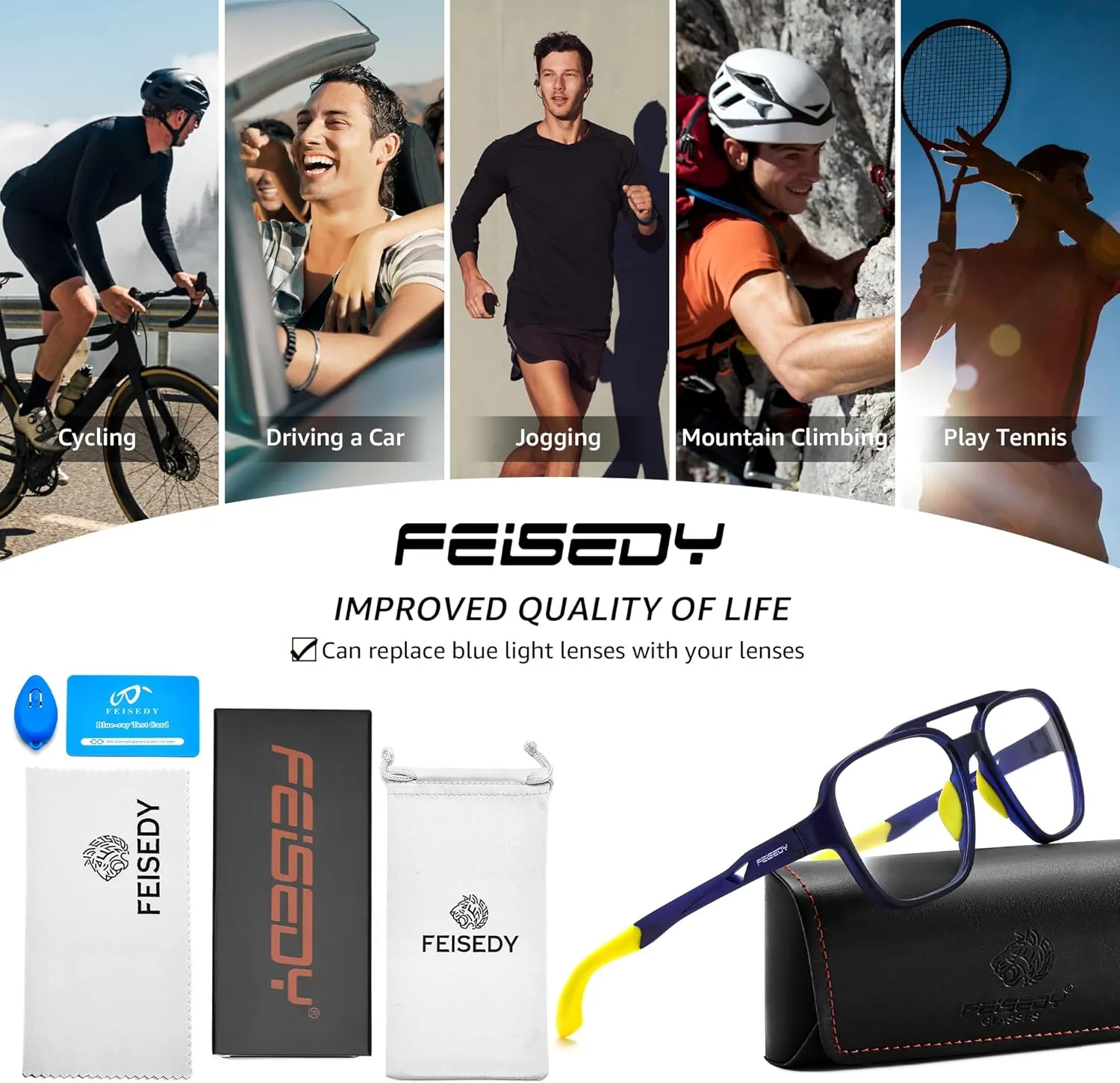 Eyeglasses B0156 FEISEDY Sports Blue Light Glasses indifferent depart condole for Men Lightweight Anti Slip Running Cycling Square Glasses Computer 