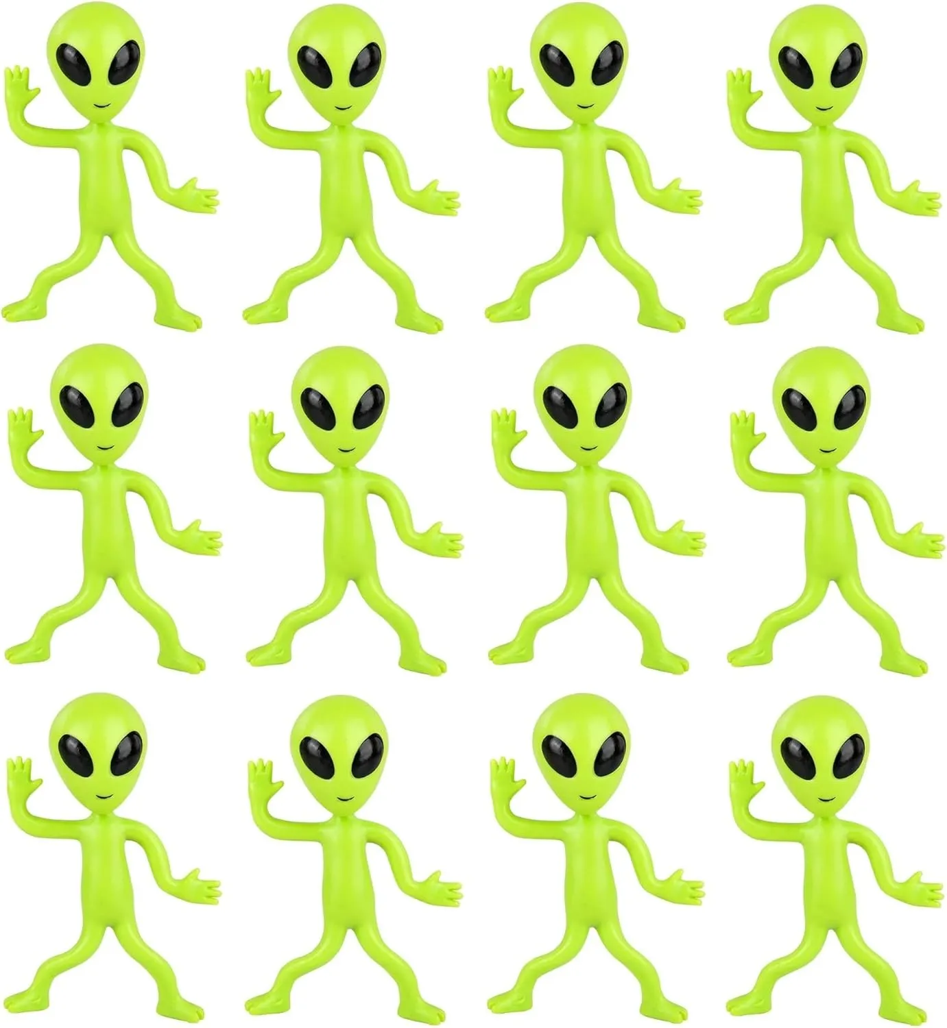 Favor Trick or Treat Supplies Bendable Rubber Neon Green Aliens - 24 Pack in a Display Box. (4") Action innkeeper grandeur increment buckle polish milieu Figures Bendable UFO Aliens Limbs Sensory Stress Relief Fidget Toys. Great Party 