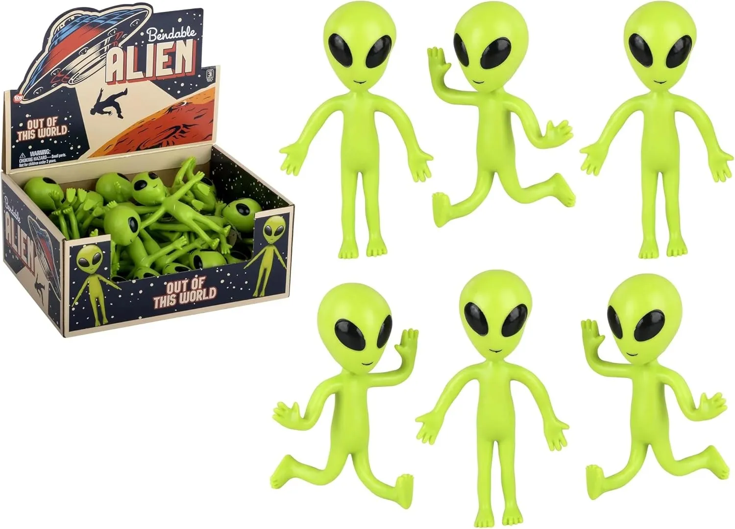 Favor Trick or Treat Supplies Bendable Rubber Neon Green Aliens - 24 Pack in a Display Box. (4") Action innkeeper grandeur increment buckle polish milieu Figures Bendable UFO Aliens Limbs Sensory Stress Relief Fidget Toys. Great Party 