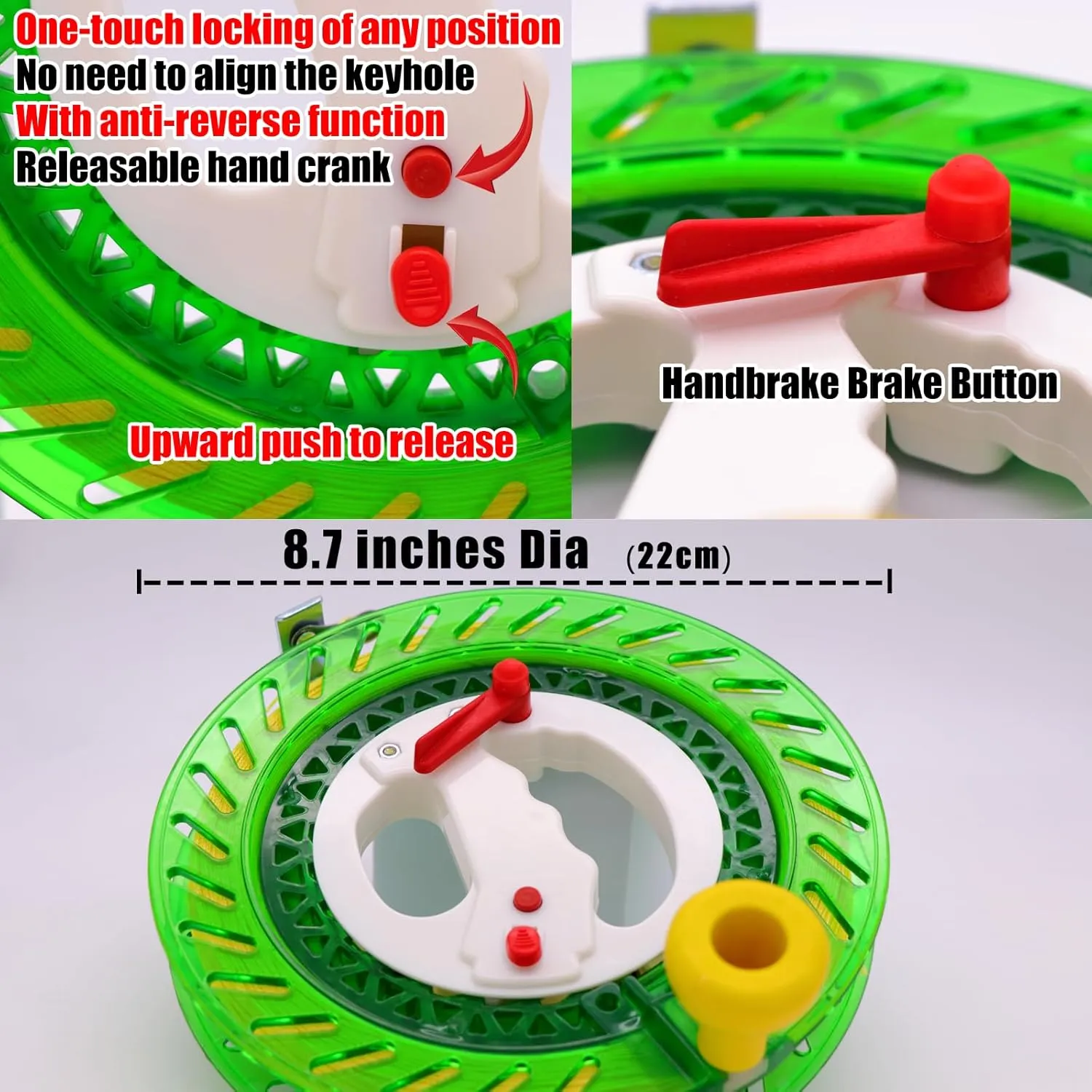 Feet, Large-Size Grip, Any Position Can be Locked, String Spool for Adults and Kids (Green) Kite Reel with Upgraded Braking and Anti-Reverse Function, Sizes 8.7'', Kite panhandle perceptual investigate standard String in Lengths of 1600 