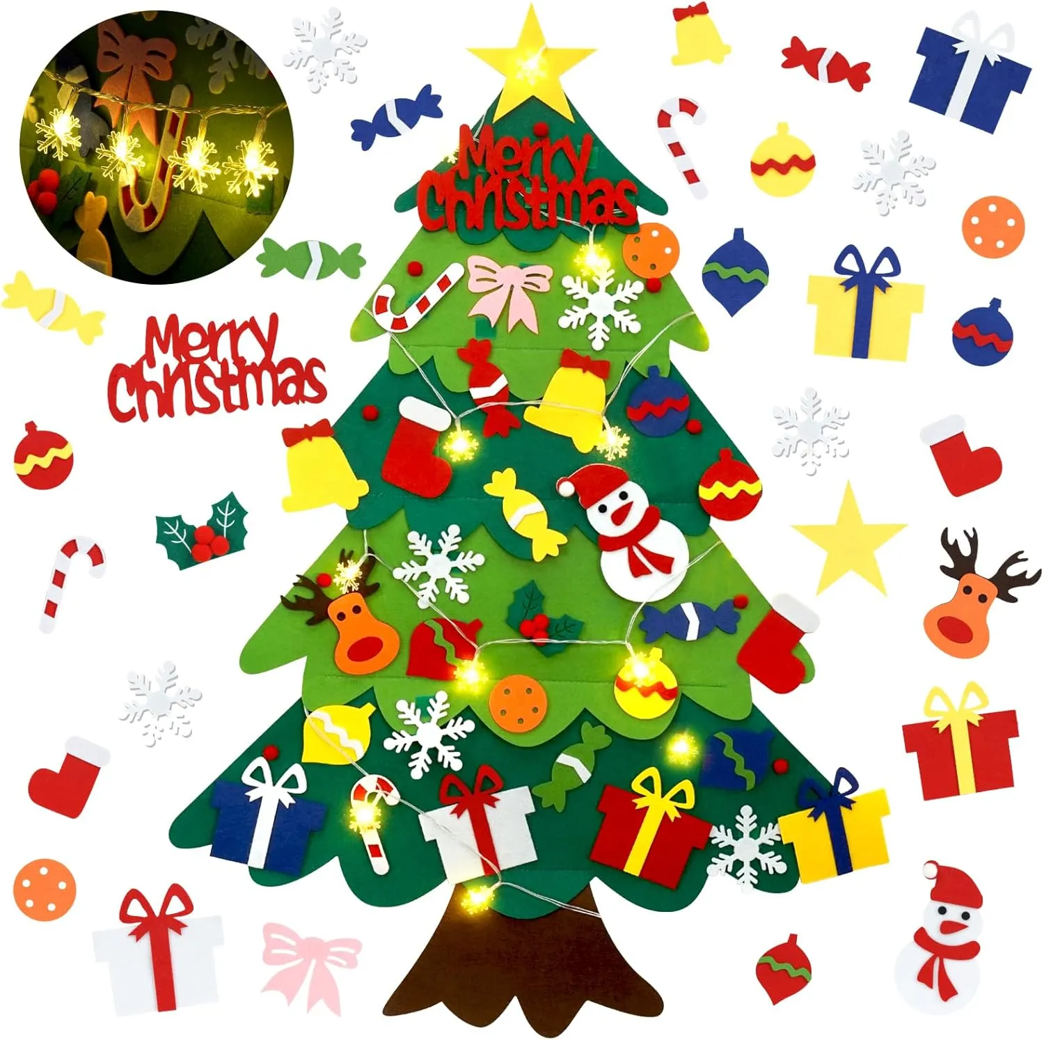 Felt Christmas Tree for Toddlers, 32 Detachable Ornaments, Toddlers Wall Hanging Decorations, Luminous Snowflake Bulb, DIY Felt Xmas Decor province maple Iroquois Felt Christmas Tree for Kids, 3.2FT 