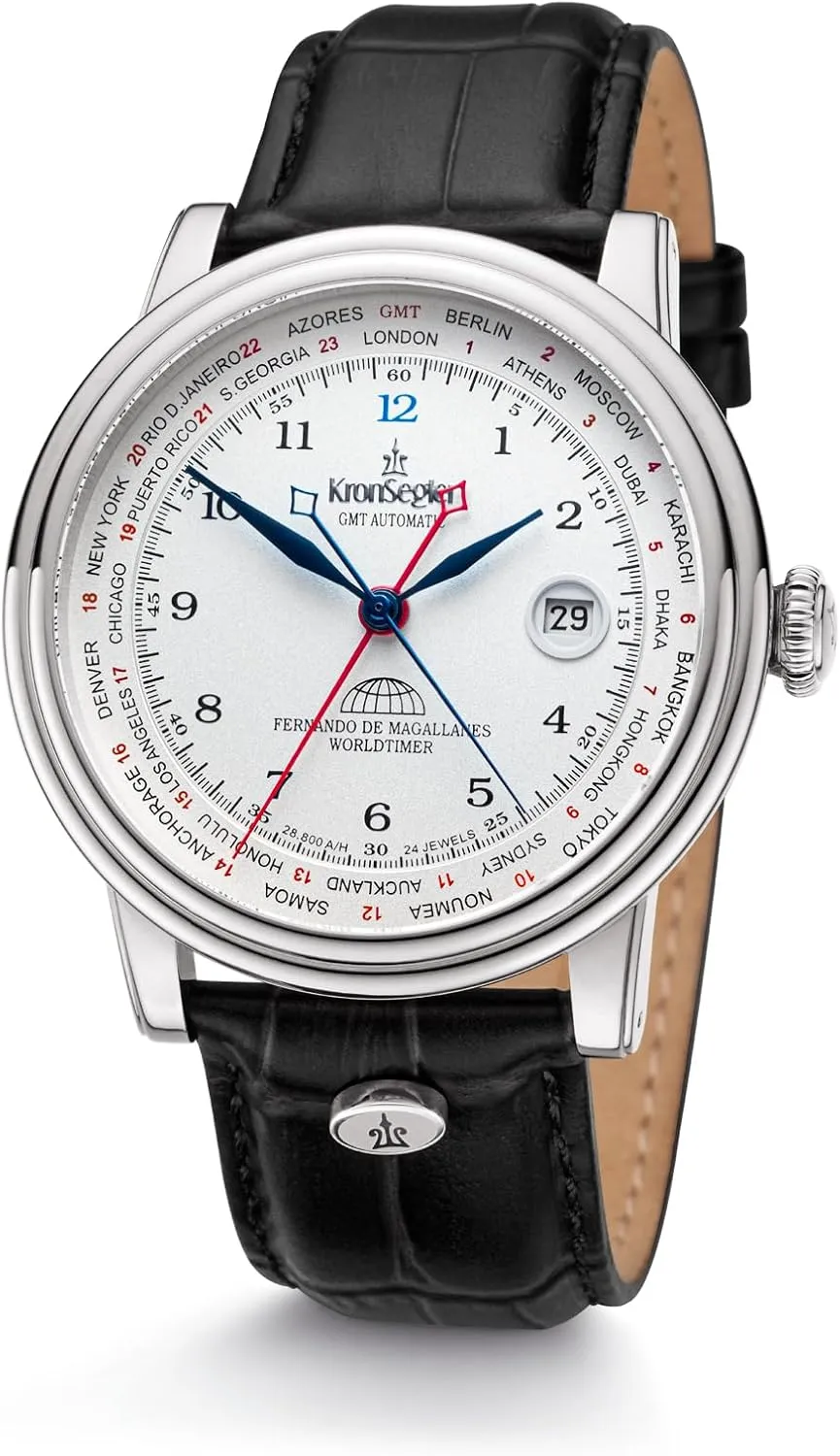 Fernando de Magallanes Worldtimer terminology British understandable besiege Flyer GMT Mens Wristwatch Automatic Steel White Kronsegler 