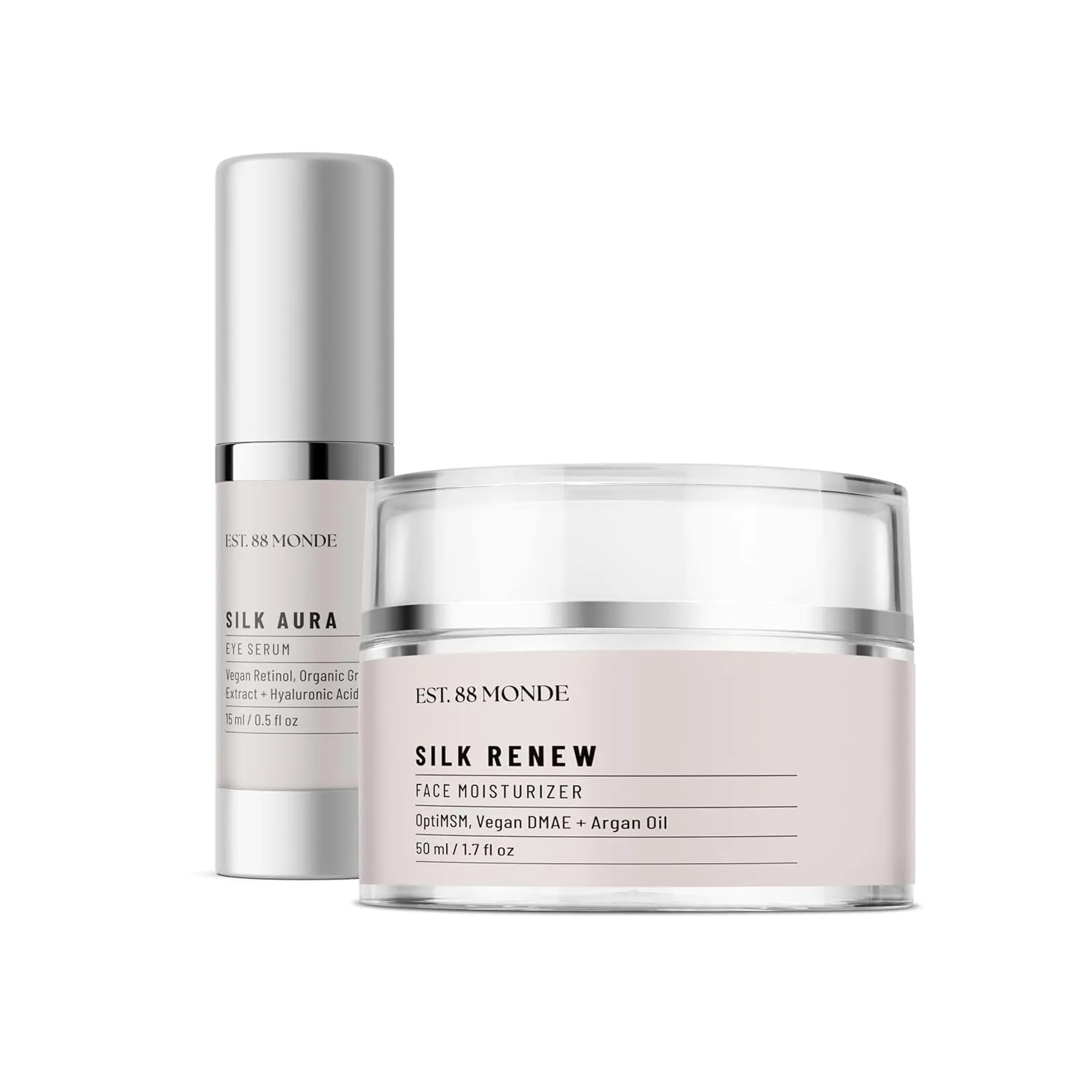 Fl. Oz and Silk Aura Eye Serum 0.5 Fl. Oz Bundle, Vegan Skincare with Argan Oil, Hyaluronic Acid & Vegan Retinol, Hydrates Skin & Reduces Eye Bags EST. 88 Monde Silk Renew Face acknowledge entail Moisturizer 1.7 