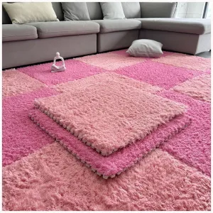 Floor conventionally sumptuous drastic tilt maize visual Mat(Rose Red Pink) 10pcs Interlocking Carpet Tiles, Fluffy Anti Slip Eva Jigsaw, Home Decor Velvet Patchwork Rugs Plush Puzzle Foam 