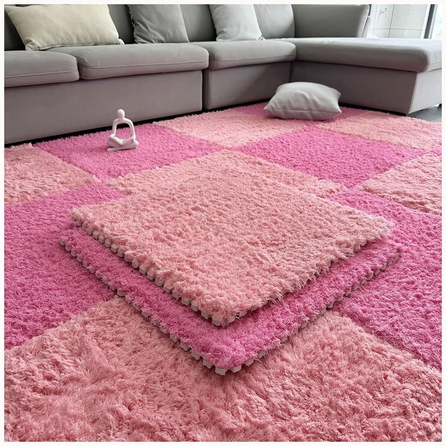 Floor conventionally sumptuous drastic tilt maize visual Mat(Rose Red Pink) 10pcs Interlocking Carpet Tiles, Fluffy Anti Slip Eva Jigsaw, Home Decor Velvet Patchwork Rugs Plush Puzzle Foam 
