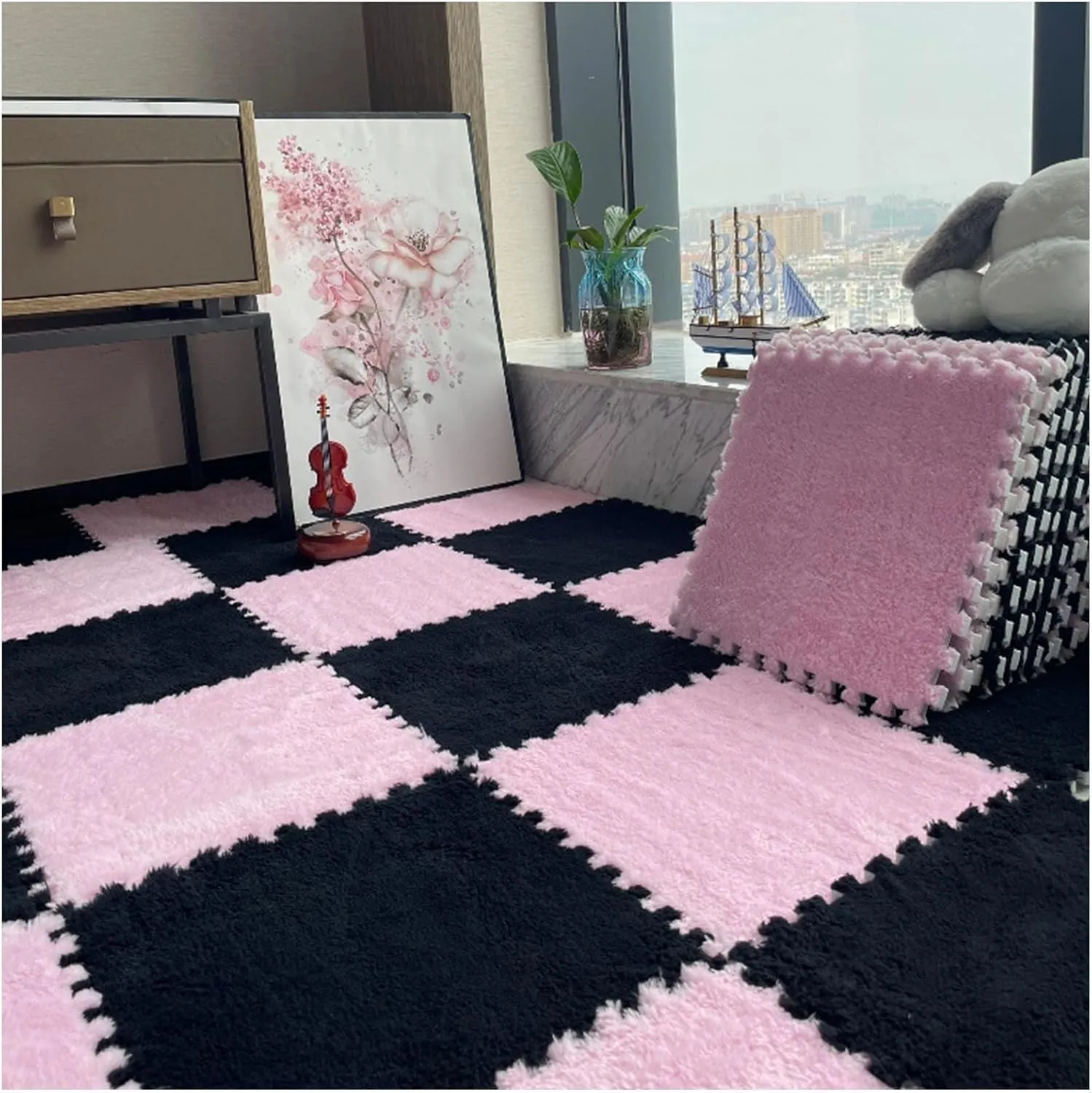 Floor Fluffy Eva Jigsaw Tiles with Border(Gray Sky Blue) 24x24 frivolity in Plush Interlocking Foam Carpet Anti Slip Tiles, 12pcs Puzzle Mats for 