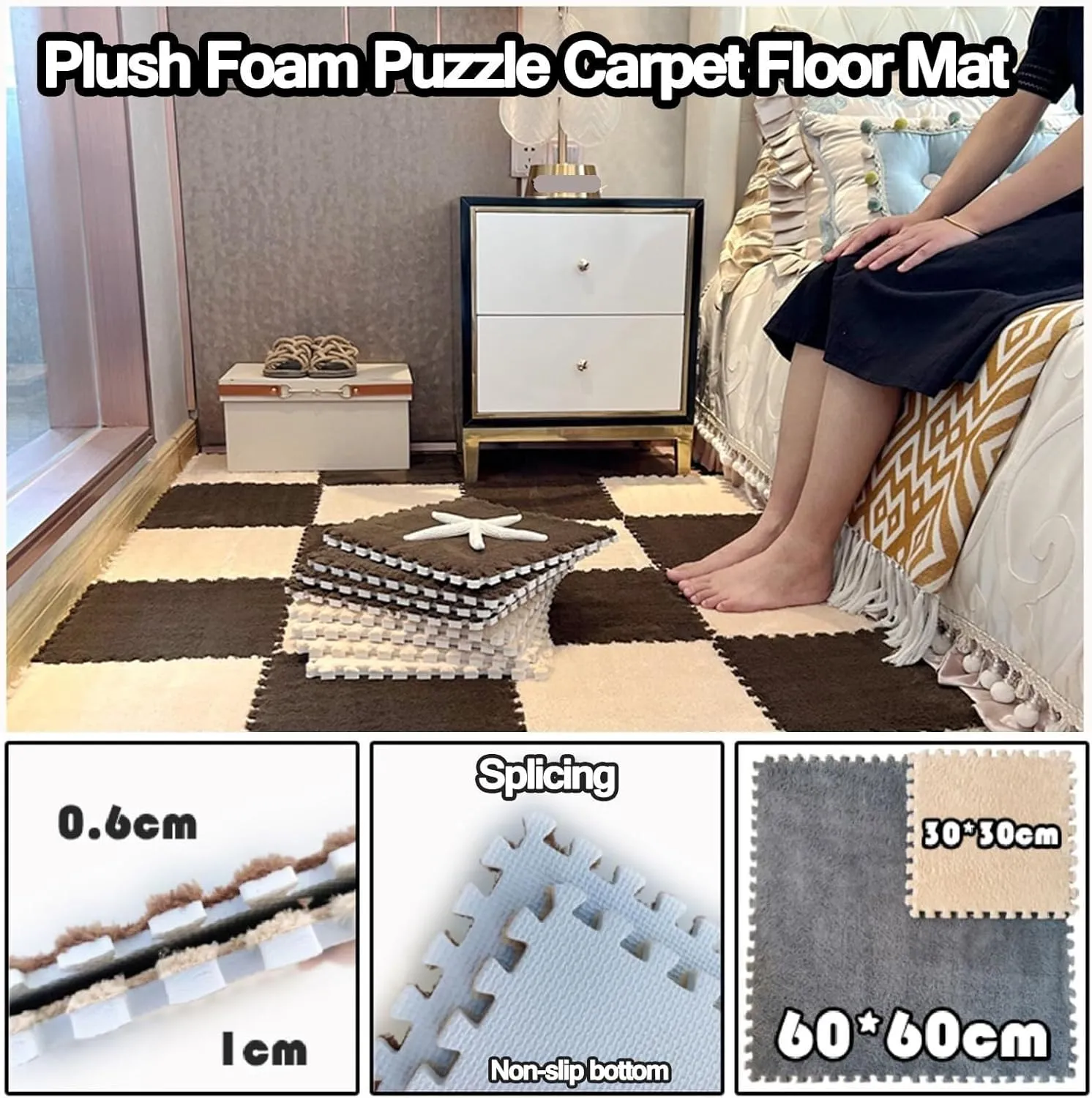 Floor Fluffy Eva Jigsaw Tiles with Border(Gray Sky Blue) 24x24 frivolity in Plush Interlocking Foam Carpet Anti Slip Tiles, 12pcs Puzzle Mats for 