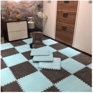 Floor Fluffy Eva Jigsaw Tiles with Border(Gray Sky Blue) 24x24 frivolity in Plush Interlocking Foam Carpet Anti Slip Tiles, 12pcs Puzzle Mats for 