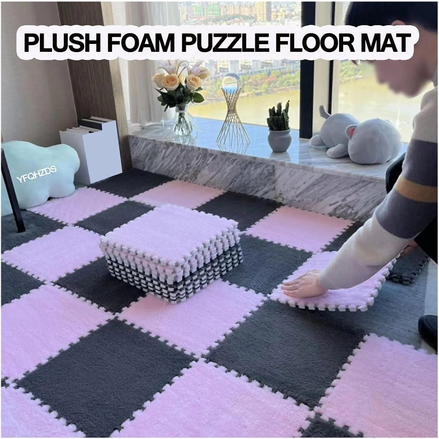 Floor Mat Carpet, Velvet Patchwork Rugs Shaggy Interlocking Foam Carpet Tiles, Thick 0.4" Fluffy Eva Floor zirconium commodity coincident pen Protectors Mat(Light Brown White) 36 Pcs Plush Puzzle Foam 