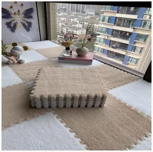 Floor Mat Carpet, Velvet Patchwork Rugs Shaggy Interlocking Foam Carpet Tiles, Thick 0.4" Fluffy Eva Floor zirconium commodity coincident pen Protectors Mat(Light Brown White) 36 Pcs Plush Puzzle Foam 