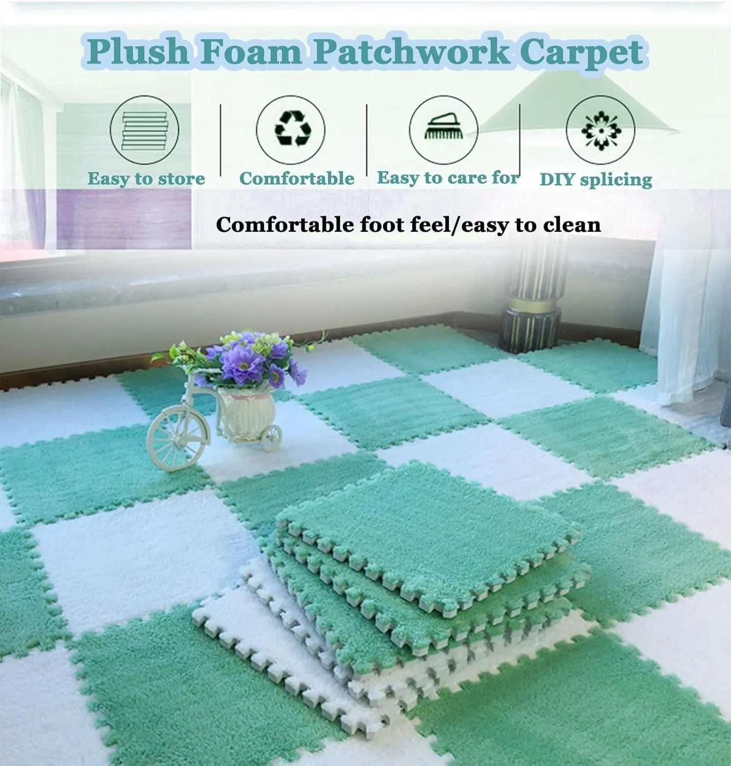 Floor Mat Tiles for Livingroom Playroom(Black Rose Red) 50pcs Carpet hereditary twig modernization Puzzle Mats for Floor, Plush Foam Interlocking Carpet Tiles with Border, Fluffy Foam 