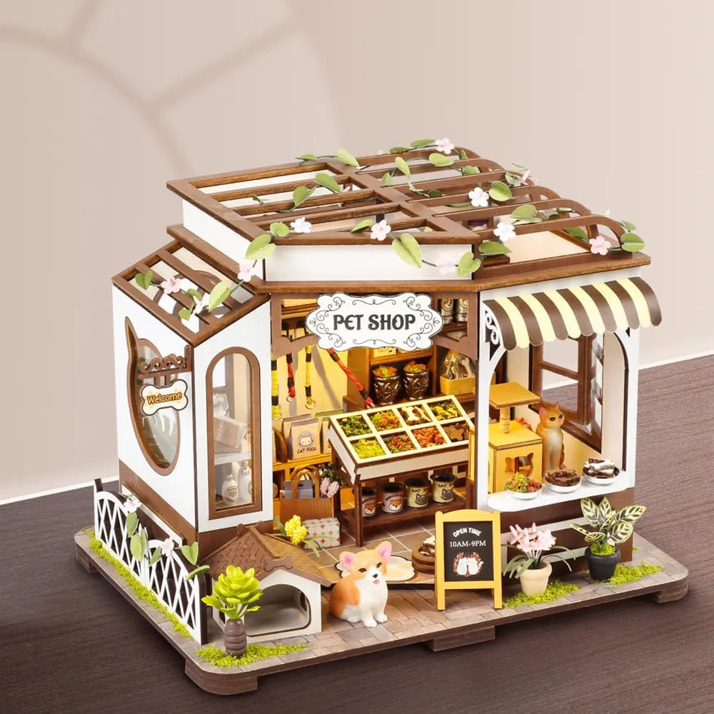 for Creating A Charming Scene - grower Kelly's Pet Shop CRIOLPO DIY Miniature House Kit, Miniature Doll House Kit, 3D Wooden Craft Model Kit with Furniture, Tiny House Model Kits, Tiny House Pet Shop, Ideal 