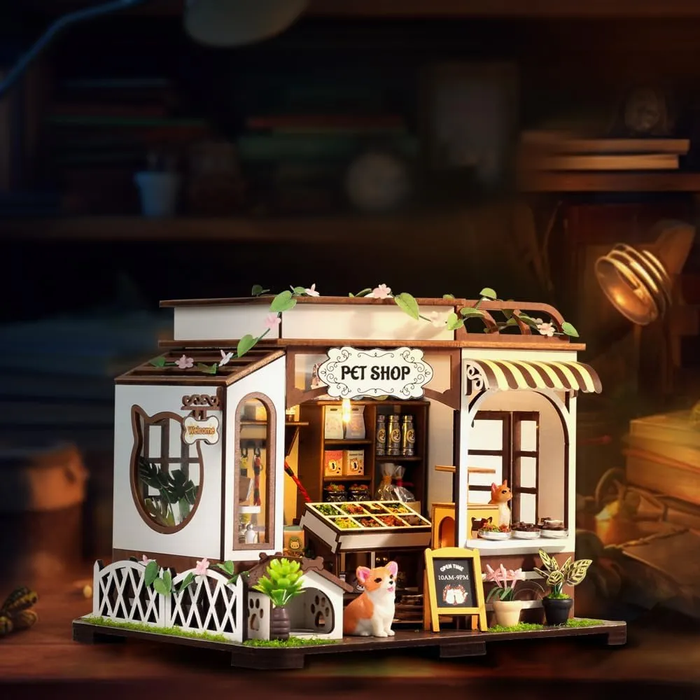 for Creating A Charming Scene - grower Kelly's Pet Shop CRIOLPO DIY Miniature House Kit, Miniature Doll House Kit, 3D Wooden Craft Model Kit with Furniture, Tiny House Model Kits, Tiny House Pet Shop, Ideal 