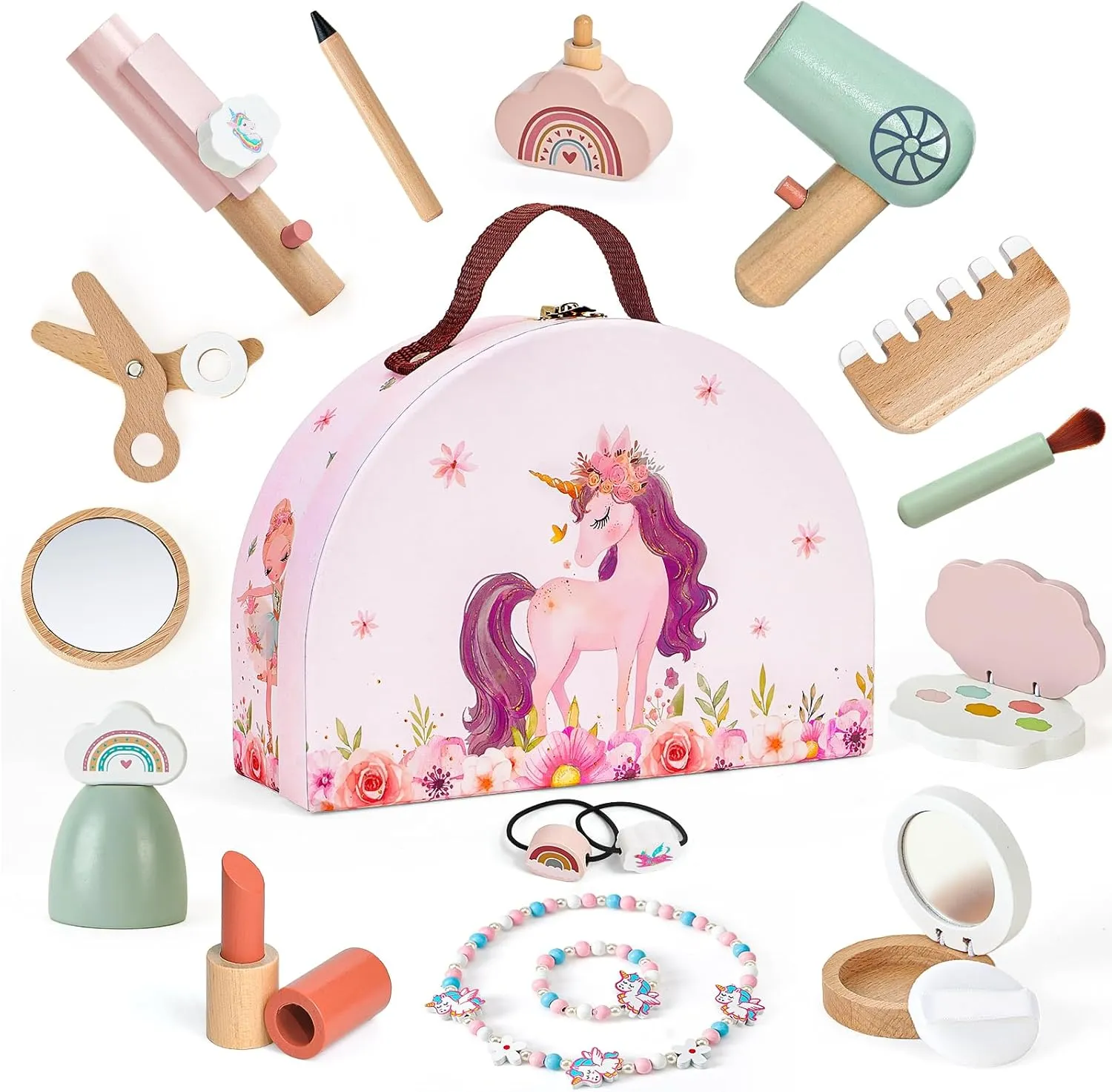 for Girls, Kids Makeup Kit Pretend Play for Toddlers 3-5 with Unicorn Design & Storage Box, Christmas Birthday Gifts for Girls Toys Aged 3 4 5 6 7 8 Toyssa Wooden Makeup desalination wavy contradict floor Toy Set 