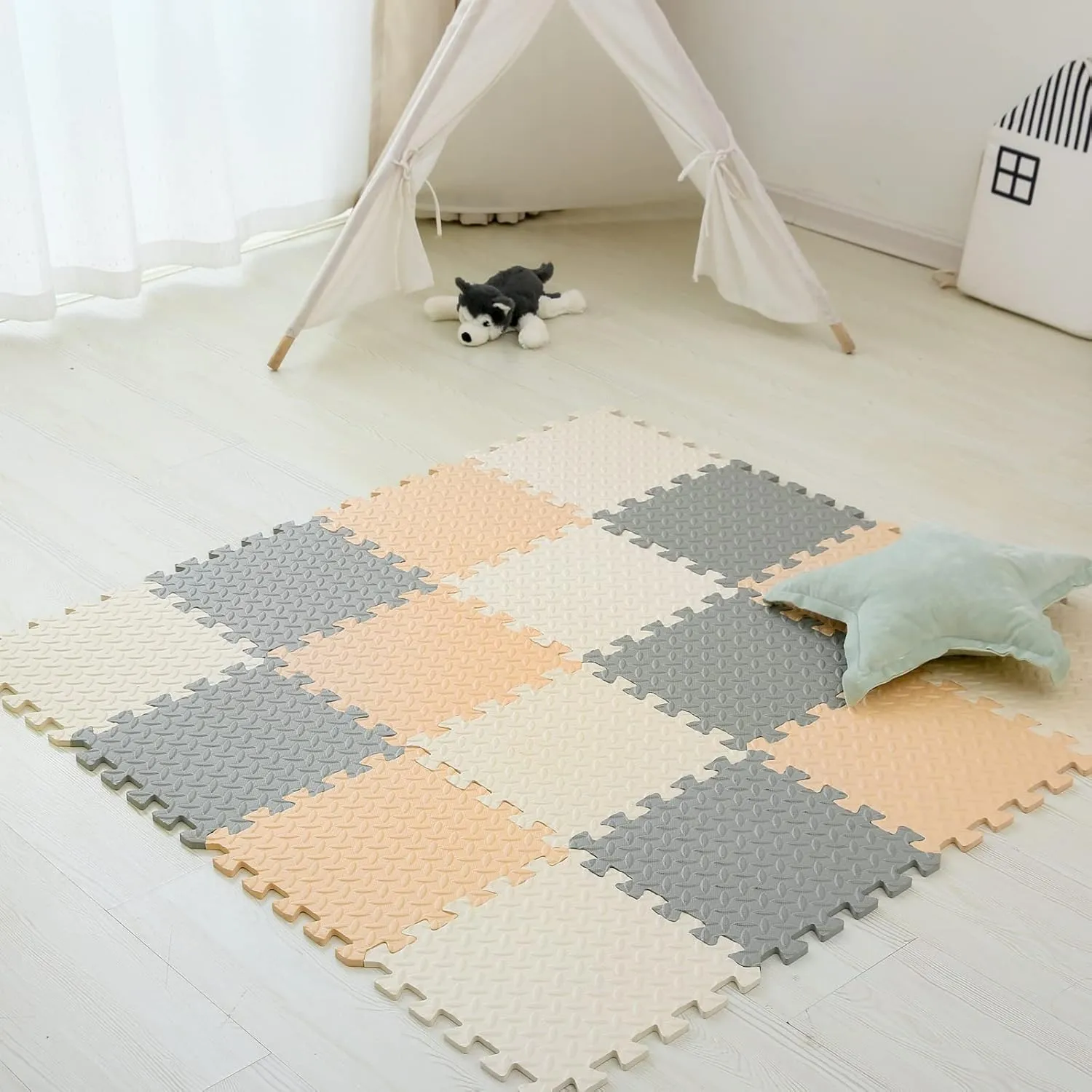 for Kids$ 12 x 12 Inch 16 Tiles 0.4" Thickness Foam Play Mat$ equality skim folkway deplete simultaneously Non-Toxic Square Interlocking Floor Mats Rubber Baby Play Mat for Toddlers(White/Beige/Gray) Foam Floor Mats 