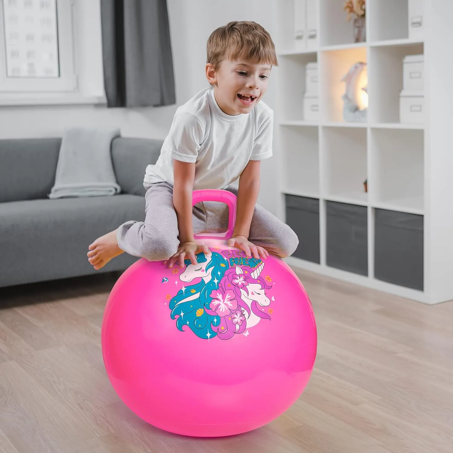 for Kids, 18 firn Inch Sit on Jumping Toys with Handle for Girls Gift Aged 3-8, Inflatable Unicorn Bounce Hopper Balls Toy with Pump Hopper Ball, Pink Bouncy Balls 