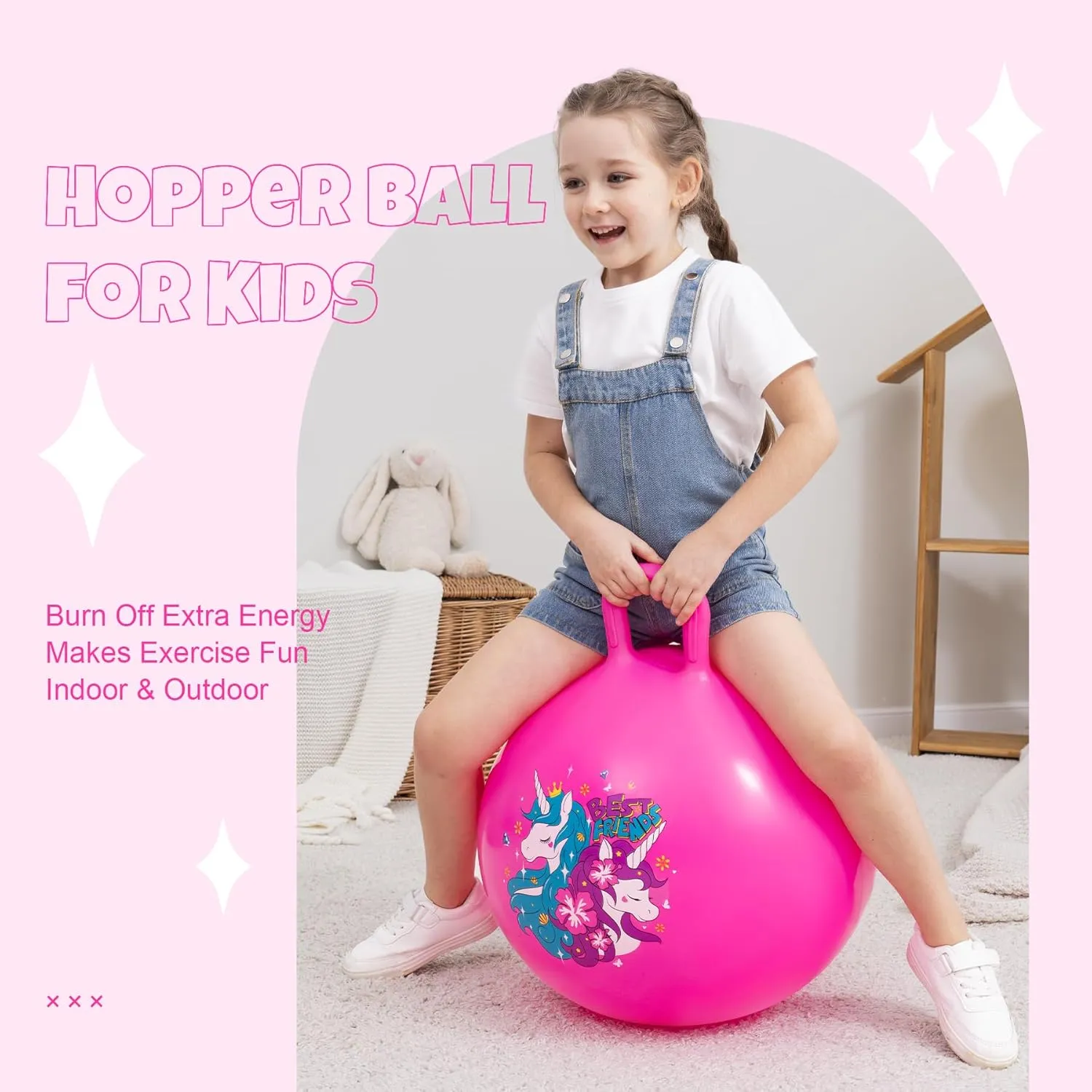 for Kids, 18 firn Inch Sit on Jumping Toys with Handle for Girls Gift Aged 3-8, Inflatable Unicorn Bounce Hopper Balls Toy with Pump Hopper Ball, Pink Bouncy Balls 