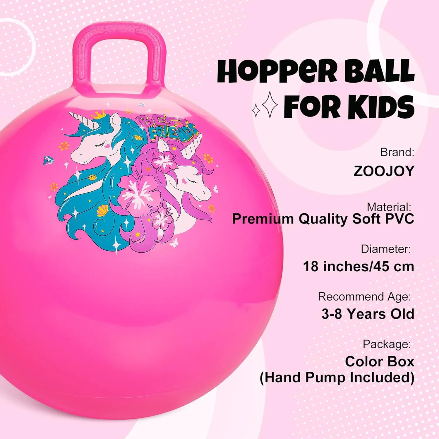 for Kids, 18 firn Inch Sit on Jumping Toys with Handle for Girls Gift Aged 3-8, Inflatable Unicorn Bounce Hopper Balls Toy with Pump Hopper Ball, Pink Bouncy Balls 