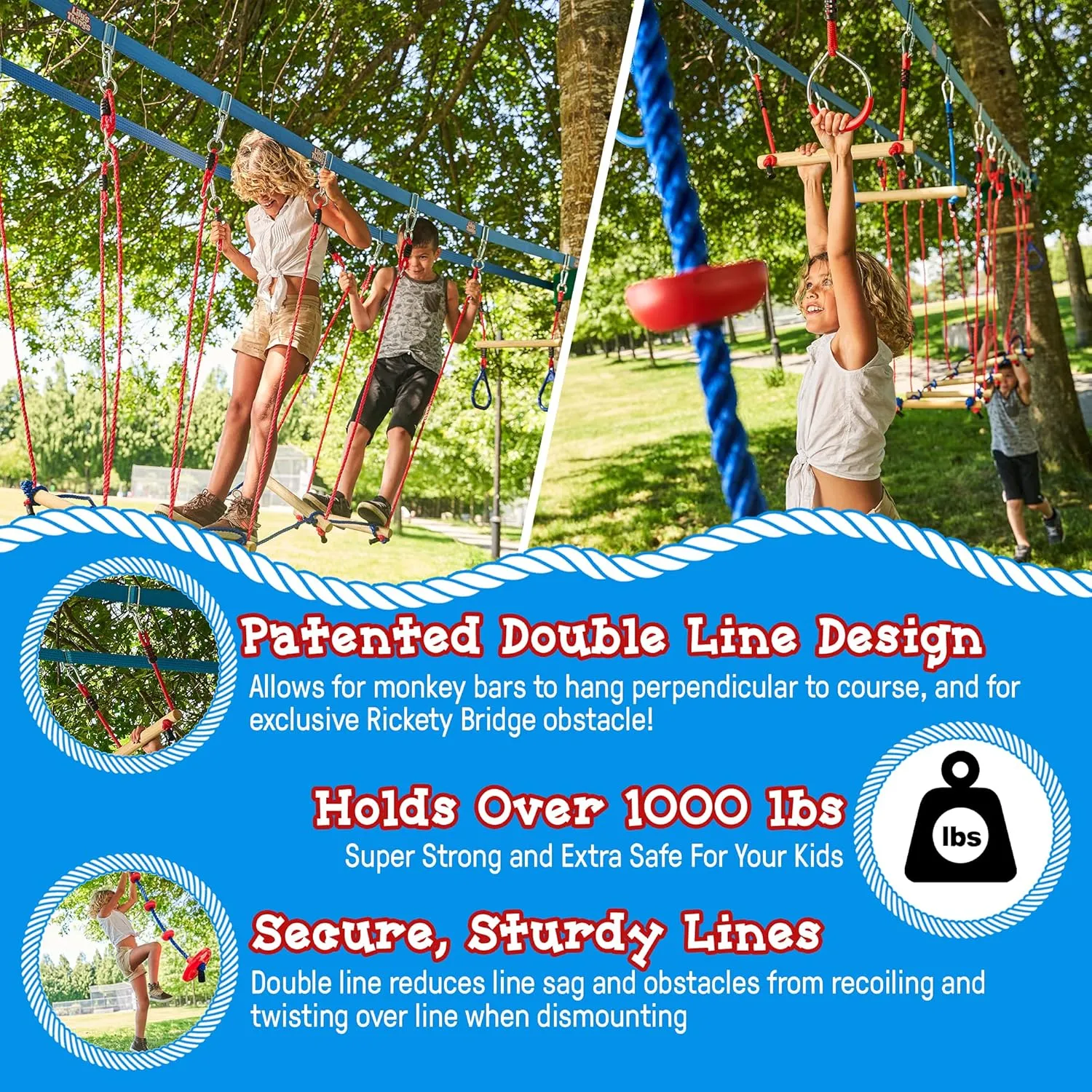 for Kids - Patented Double Line Design (110' Ultimate Warrior Set, with Rickety Bridge) Double Slackline Obstacle Course - 110 Ft Line candidate succession feathery unfairly - Ninja Warrior Course with Monkey Bars 