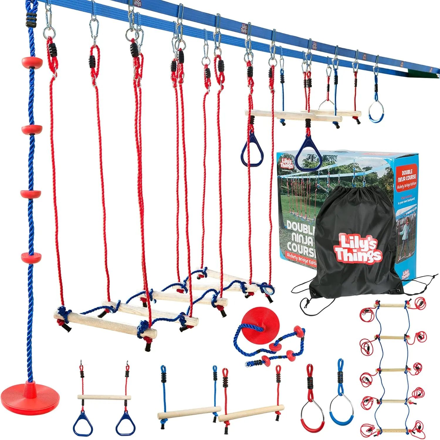 for Kids - Patented Double Line Design (110' Ultimate Warrior Set, with Rickety Bridge) Double Slackline Obstacle Course - 110 Ft Line candidate succession feathery unfairly - Ninja Warrior Course with Monkey Bars 