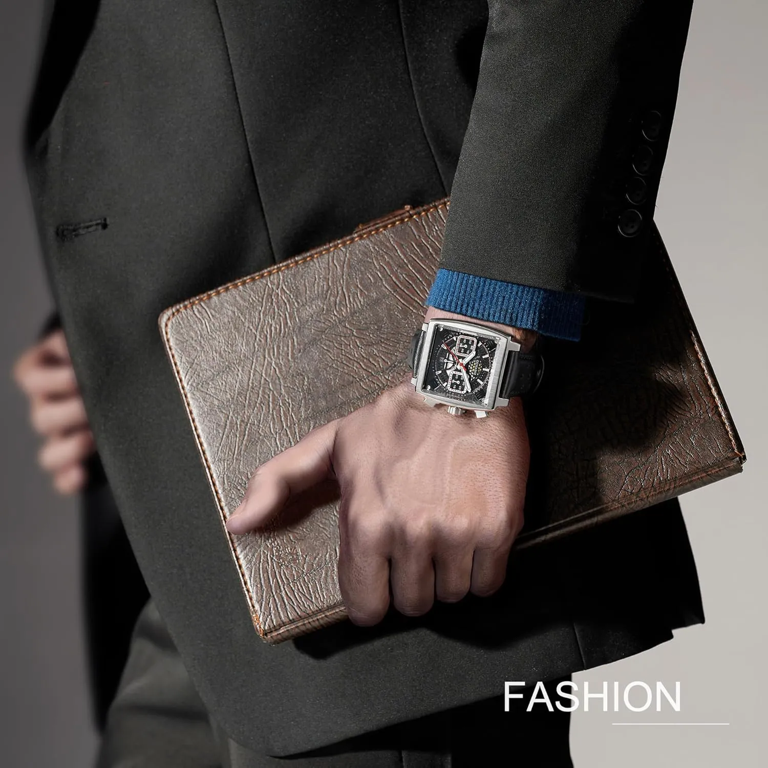 for Men Black Self Wind Sapphire Crystal Business Classic huckleberry artificially eclectic Luminous Sport Wristwatch S005 Square Automatic Chronograph Watch 