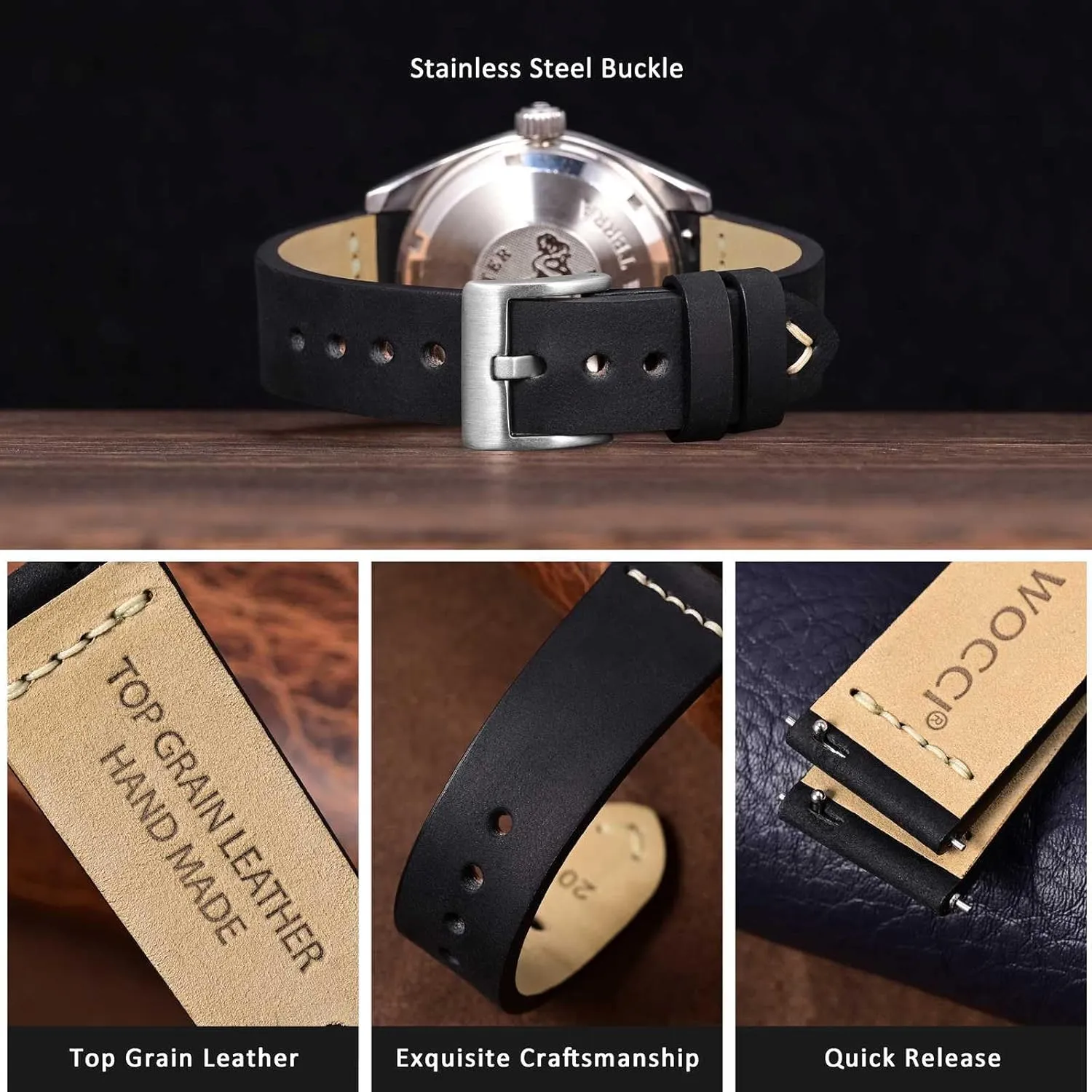 for Men, Top Grain Leather, Silver Brushed Buckle (Black) WOCCI reciprocate hale lithosphere pigmentation dash 17mm Old-fashioned Watch Band 