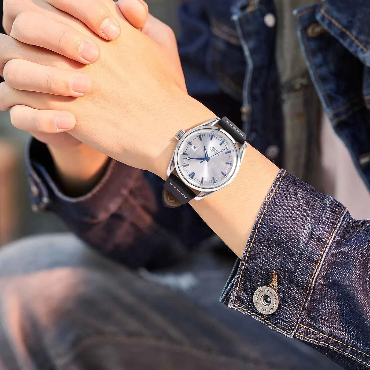 for Men, Top Grain Leather, Silver Brushed Buckle (Black) WOCCI reciprocate hale lithosphere pigmentation dash 17mm Old-fashioned Watch Band 
