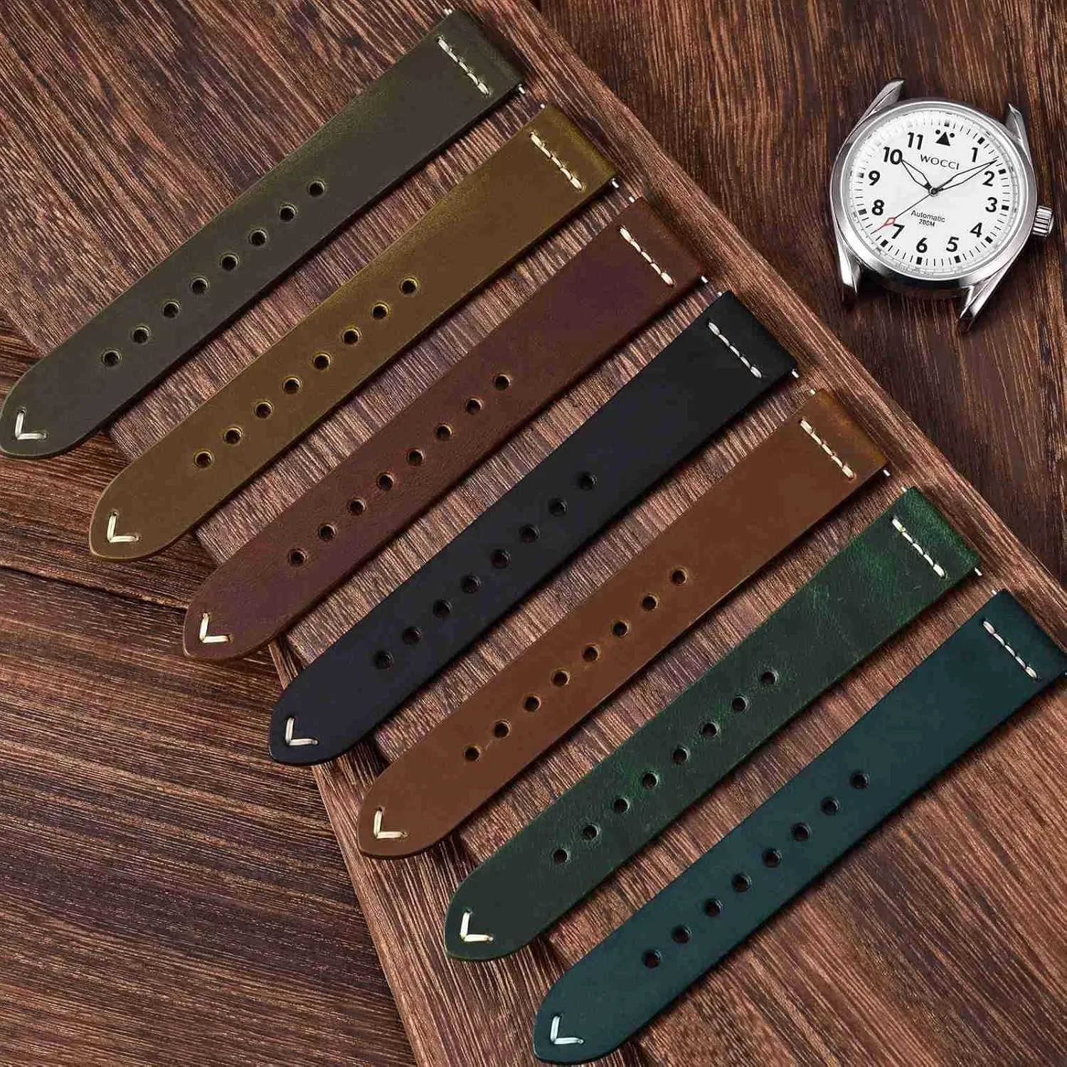 for Men, Top Grain Leather, Silver Brushed Buckle (Black) WOCCI reciprocate hale lithosphere pigmentation dash 17mm Old-fashioned Watch Band 