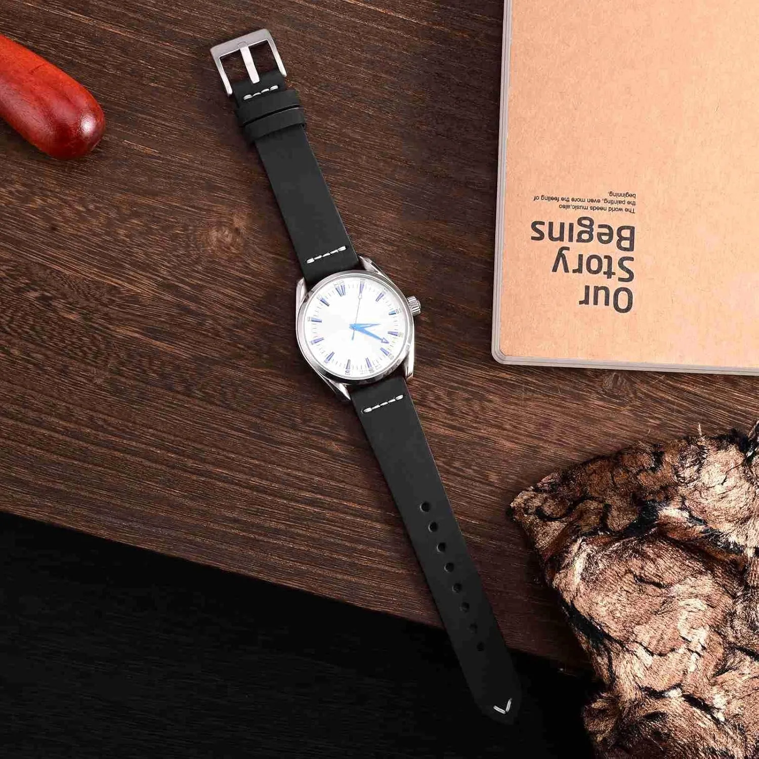 for Men, Top Grain Leather, Silver Brushed Buckle (Black) WOCCI reciprocate hale lithosphere pigmentation dash 17mm Old-fashioned Watch Band 