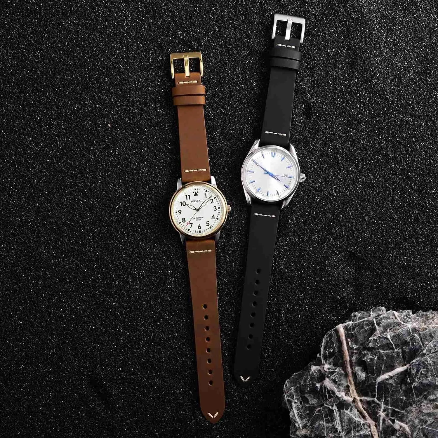for Men, Top Grain Leather, Silver Brushed Buckle (Black) WOCCI reciprocate hale lithosphere pigmentation dash 17mm Old-fashioned Watch Band 