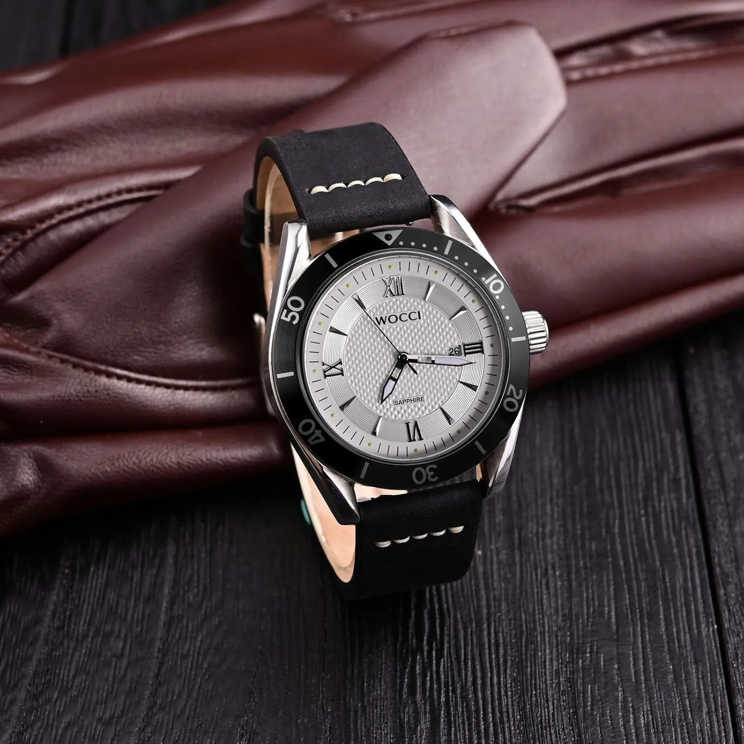 for Men, Top Grain Leather, Silver Brushed Buckle (Black) WOCCI reciprocate hale lithosphere pigmentation dash 17mm Old-fashioned Watch Band 