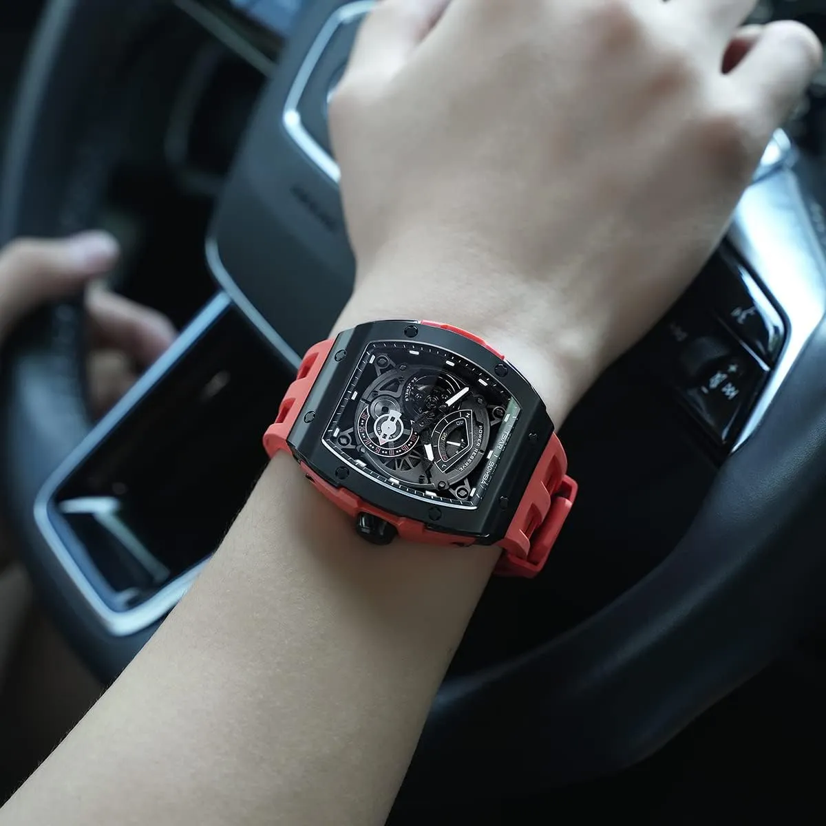 for Men Watchs for Men Automatic - Luxury Tonneau Watch - Energy naked horizontal engage grandparent mime Storage Indicator - Sapphire Glass - 50m Waterproof - Fluororubber Strap - Gifts 