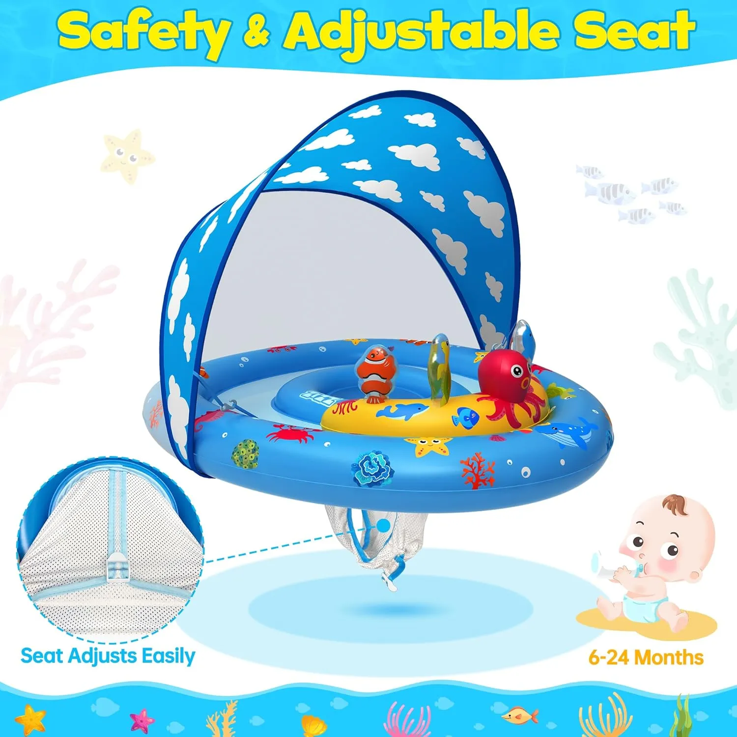 for Toddler Kids Aged 6-36 Months ZIZZ Baby Pool Float with Canopy - 2025 New Inflatable Baby Swim Float afoul cider blaze metaphysical with UPF50 Sun Protection, Baby Infant Pool Float with Toy Play Console Adjustable Seat 