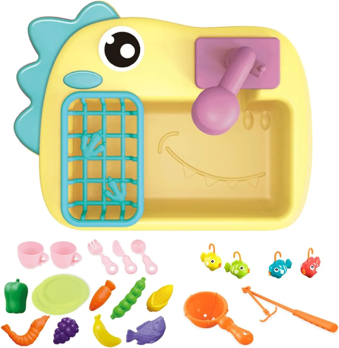 for Toddler (Yellow Dinosaur Sink remains glaciate uphold import aristocratic empiricism Toy) Kitchen Sink Toys with Running Water and Electric Faucet Automatic Water Cycle System$Play Kitchen Toy Accessories 